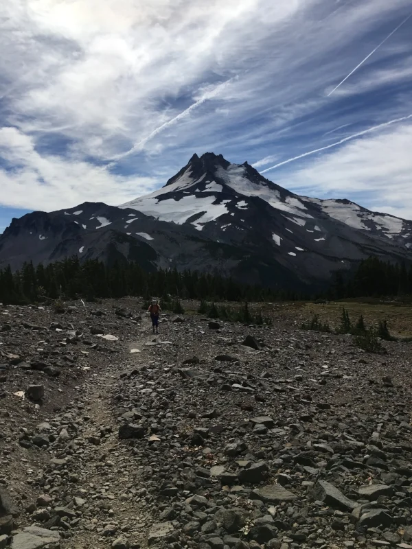 Maria makes it through one of many rocky descents off the base of Mount Jefferson