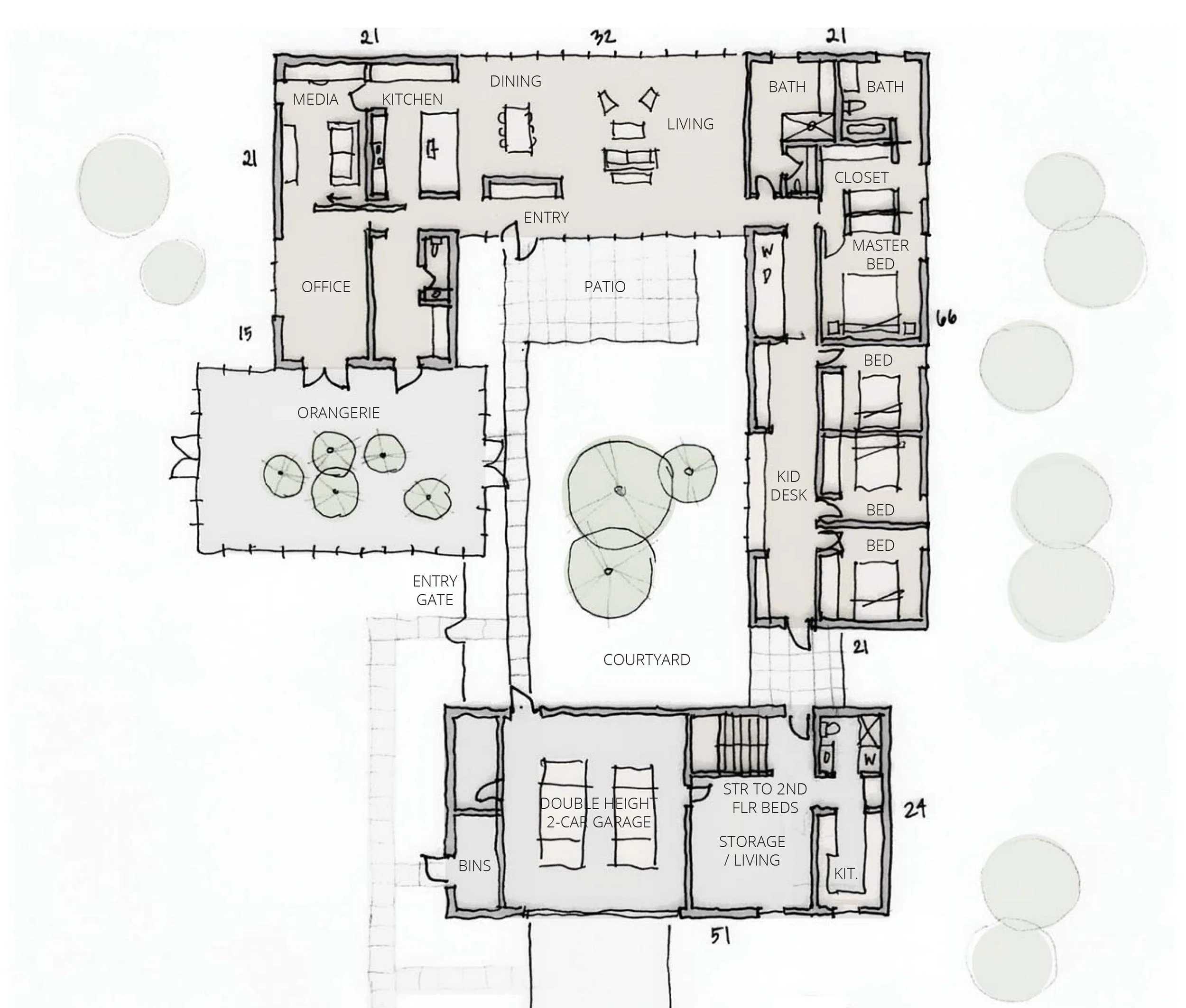 floor plan sketch high-end home courtyard