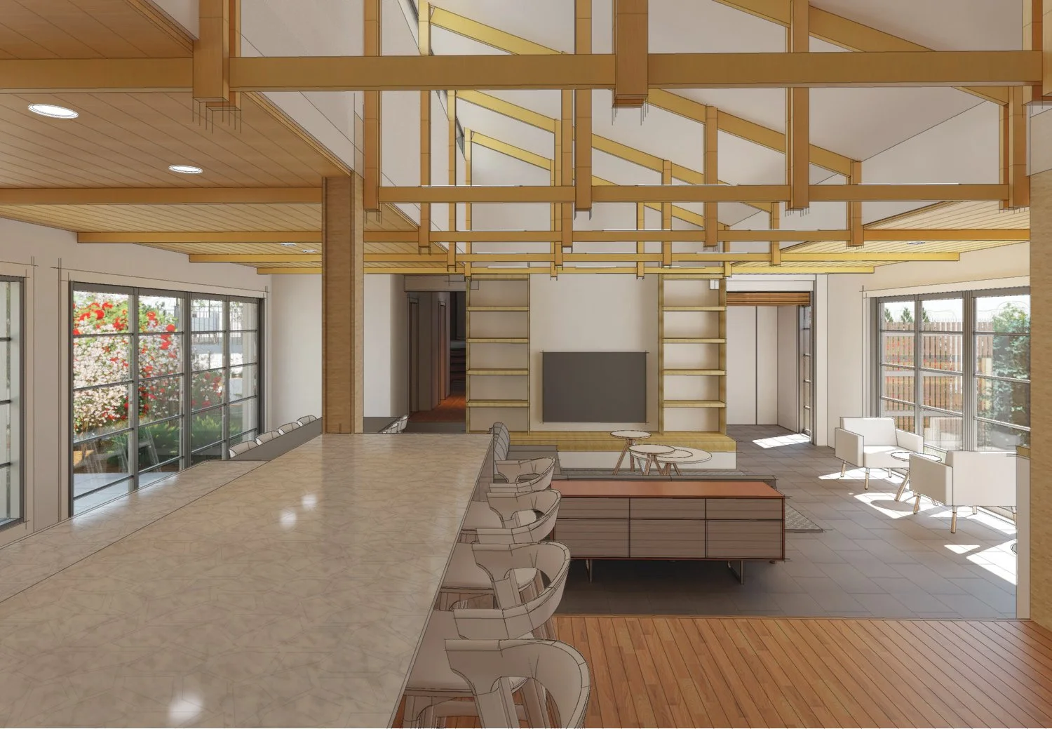 Manchester Kitsap Custom Home Remodel Scandinavian Architecture Architect Led Design, Exposed Structure, Timber, Doug Fir Ceiling, Quartz Island, Lunawood Paneling