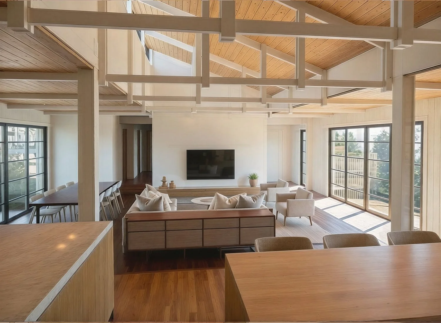 Scandinavian Living, Kitsap Estate, PNW custom home, exposed structure, wood ceiling