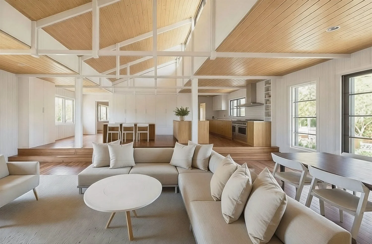 PNW custom home, Kitsap Estate, Scandinavian Living, Architect-led custom home, wood ceiling, exposed structure, natural light
