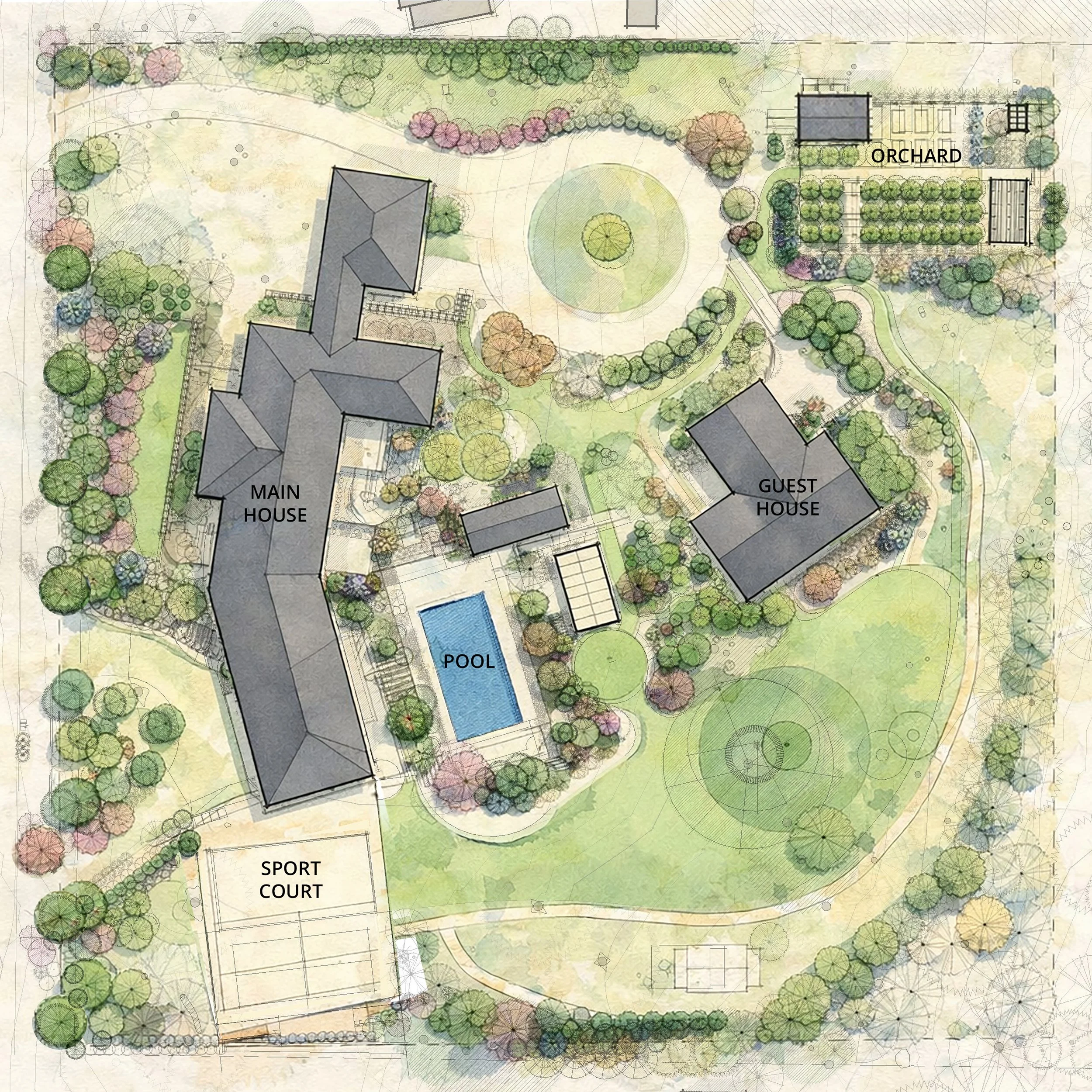 Rural Estate Landscape Site Plan Puget Sound Main House Orchard Sport Court Guest House Pool Pool House Mature Trees Luxury
