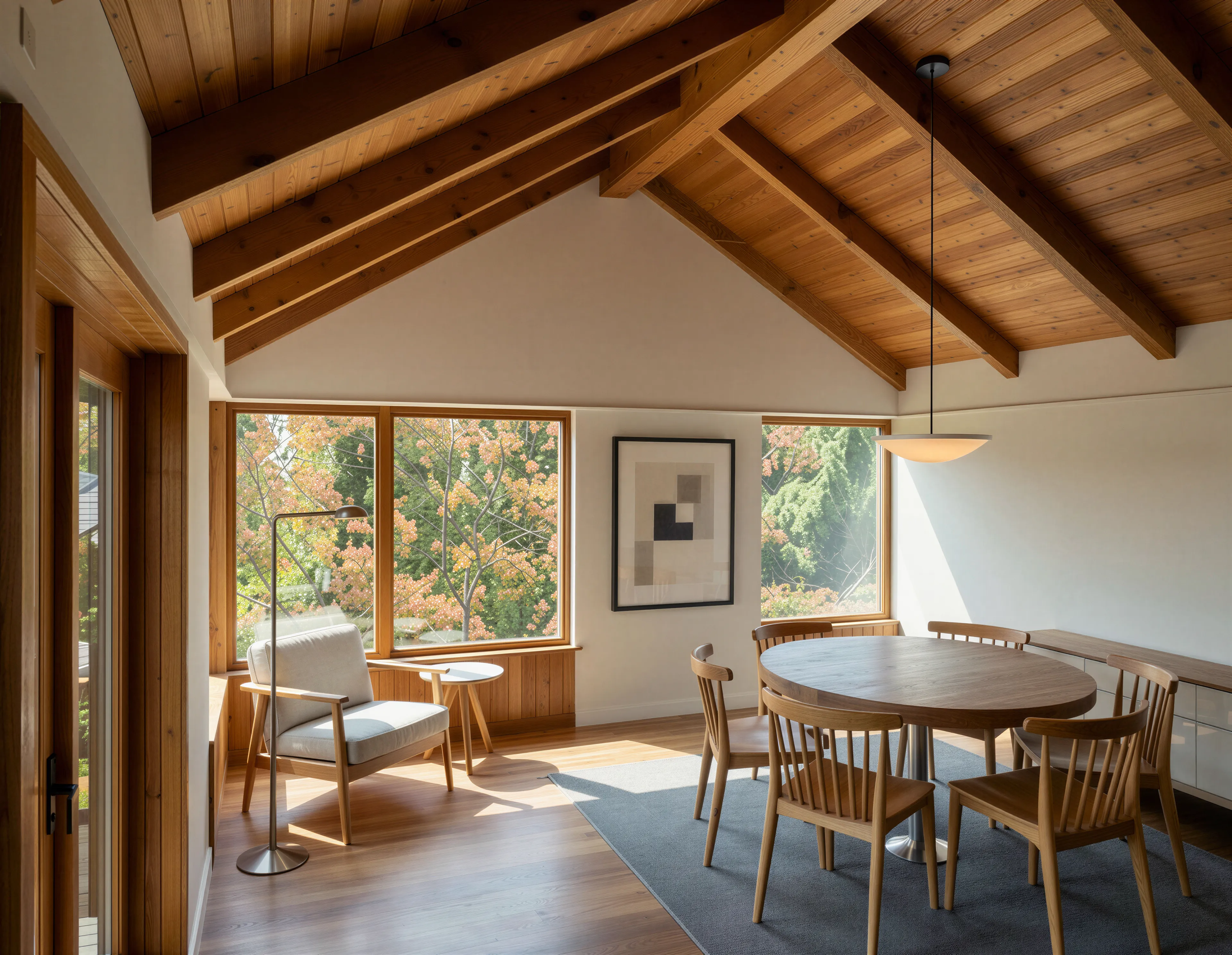 Vaulted ceiling, oak floors, Douglas fir window trim, exposed structure