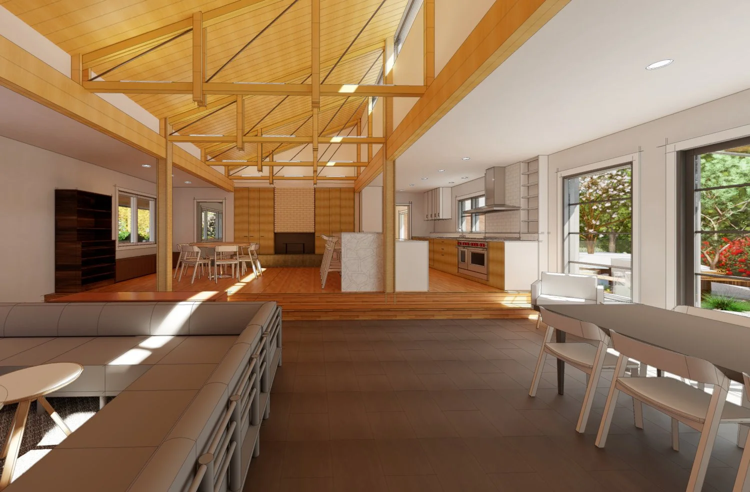 Wabi Sabi Scandinavian Living Room Pacific North West Exposed Structure Clerestory Truss Custom Home Design Kitsap County