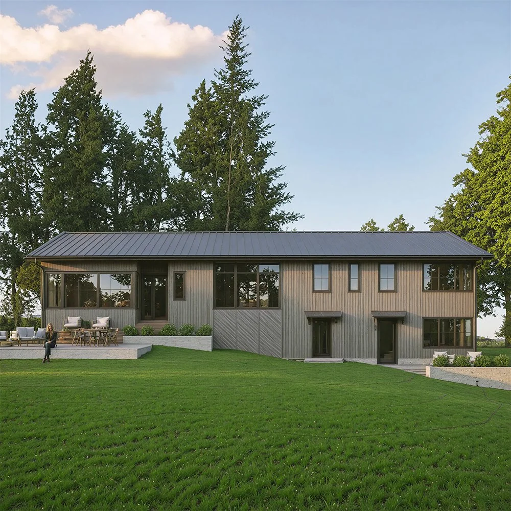 weathered wood, scandinavian design, long house, simple, metal roof, cozy, charming, sunset