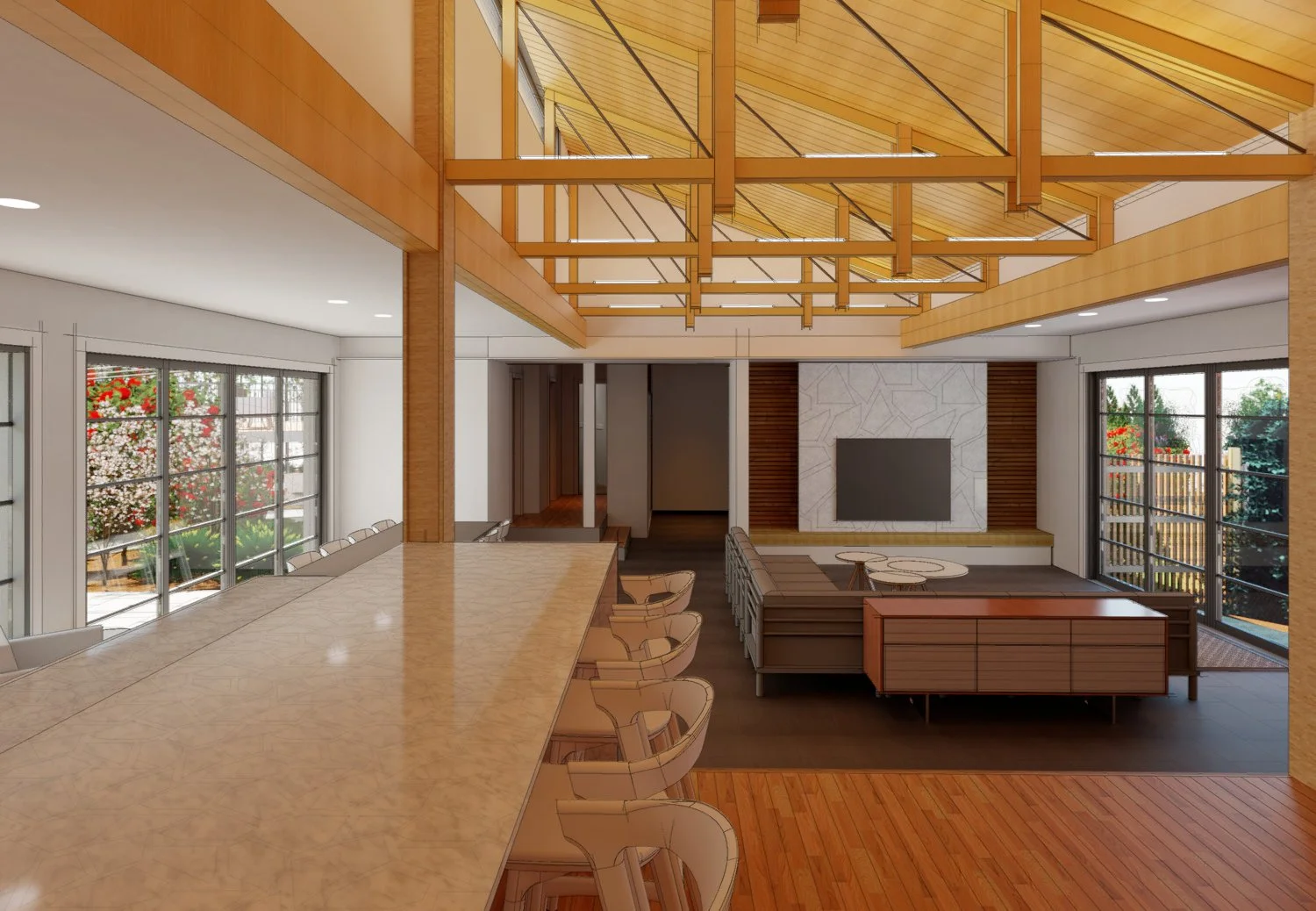 Wabi Sabi Scandinavian Open Living Room TV Indoor Outdoor Pacific North West Exposed Structure Truss Custom Home Design Kitsap County