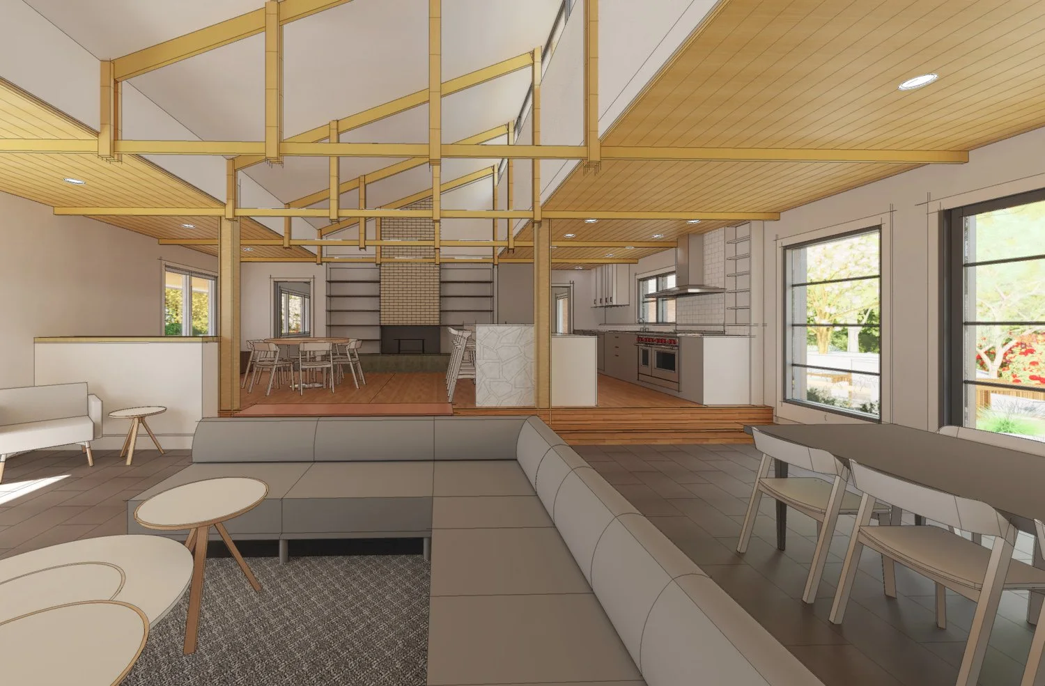 Manchester Kitsap Custom Home Remodel Scandinavian Architecture Architect Led Design, Exposed Structure, Timber, Doug Fir Ceiling, Brick Fireplace