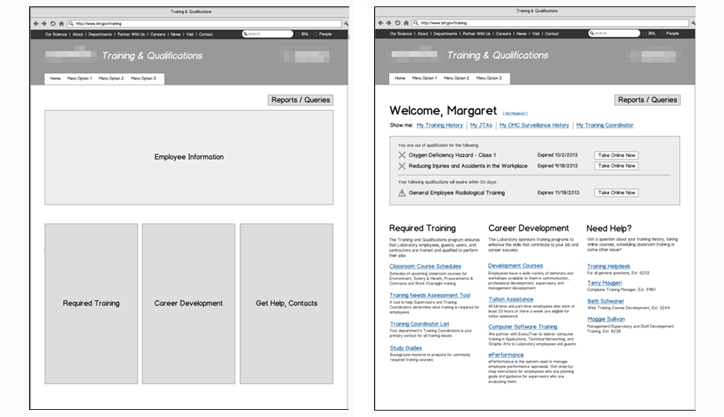 Simple wireframe (left) showing content regions and a refined wireframe (right) showing region details