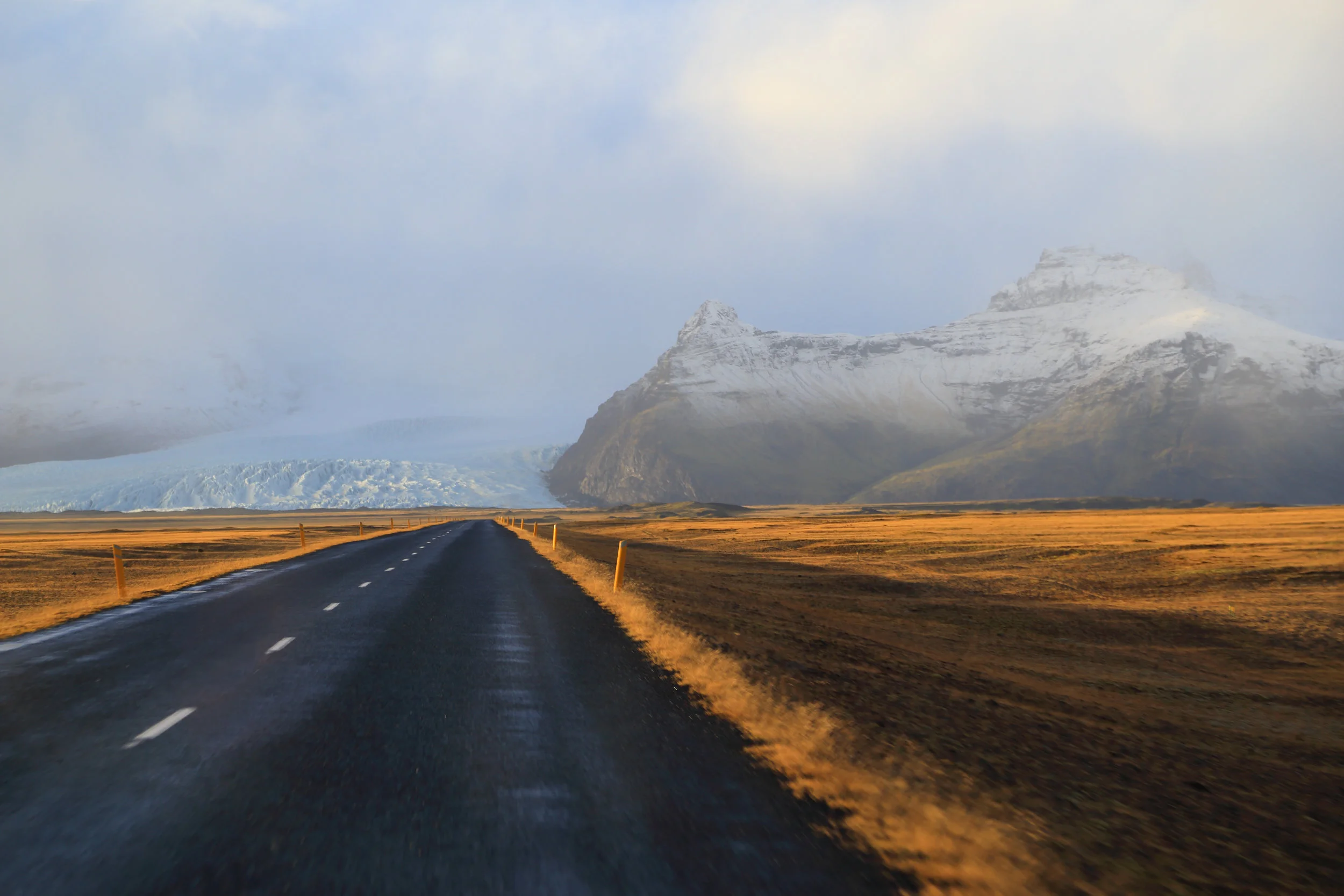 On the Ring Road in Southern Iceland, heading towards one tongue of Vatnajökull Glacier