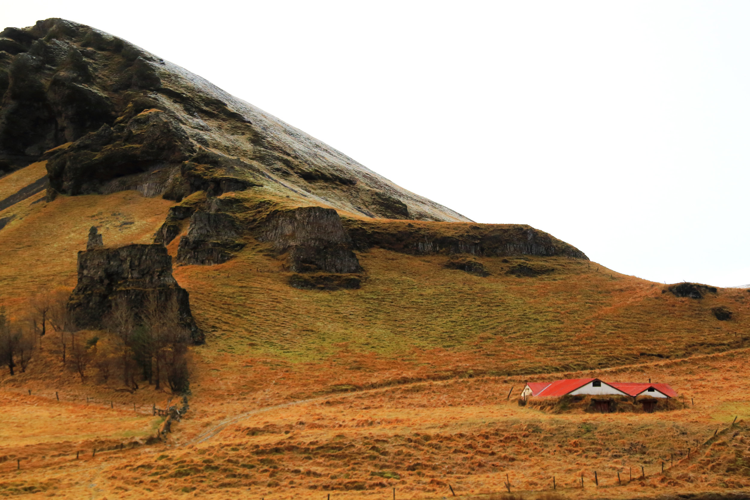 An earth-berm building on open farm land, Southern Iceland