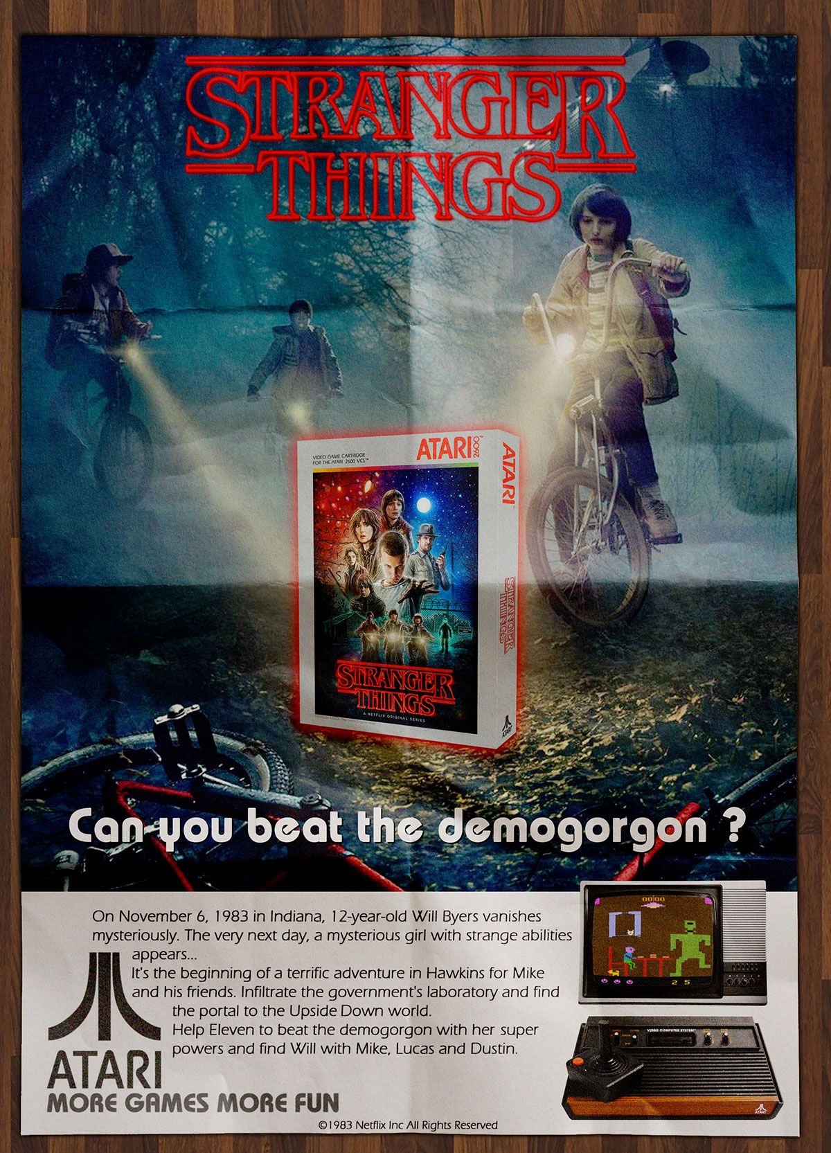 Continuing the retro theme, Martin Gendre made this poster advertising the Atari 2600 video game version of Stranger Things that would have definitely happened if the series came out in the 1980s.