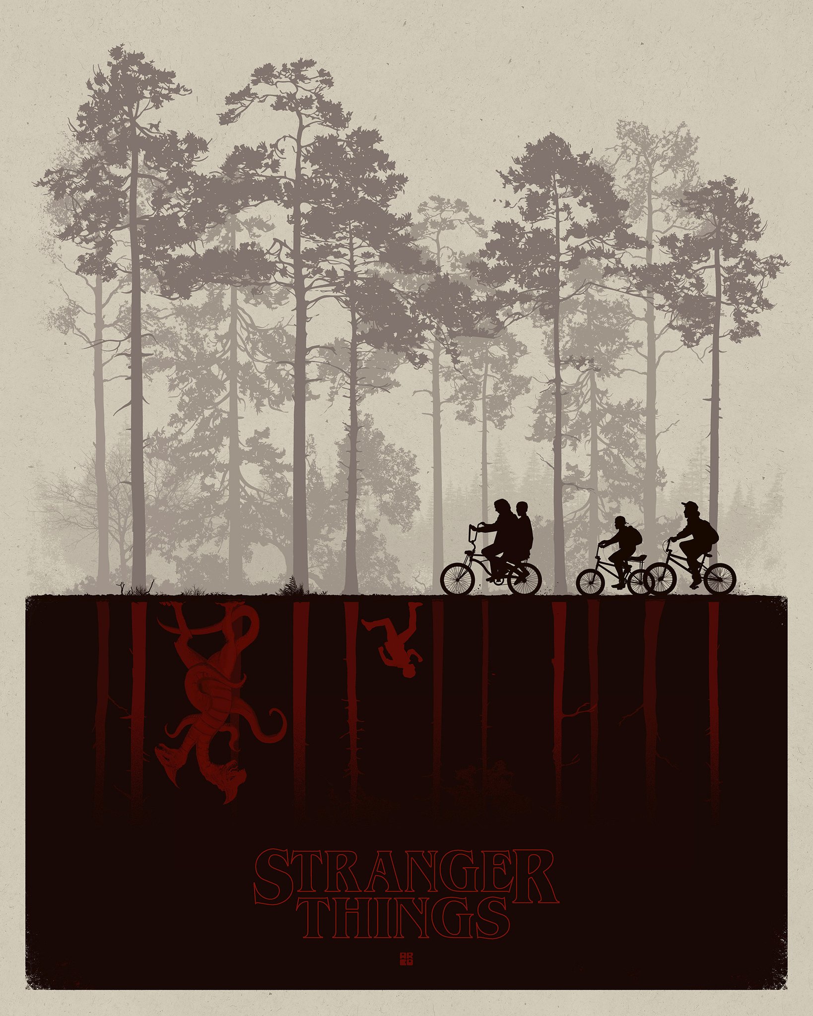 Matt Ferguson's poster also illustrates the two worlds of Stranger Things: the real world and the Upside-Down.