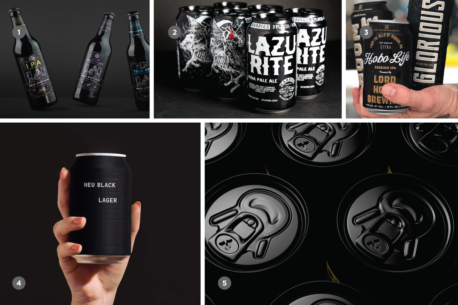 Some examples include 1. Beer Brothers, 2. WarPigs Brewing, 3. Lord Hobo Brewing, 4. And Union, 5. Carlsberg. Source: Codo Design