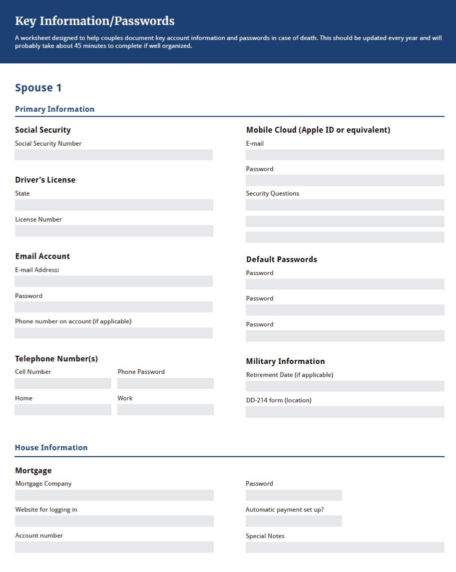 Sneak preview: page 1 of Important Accounts and Passwords Cheat Sheet