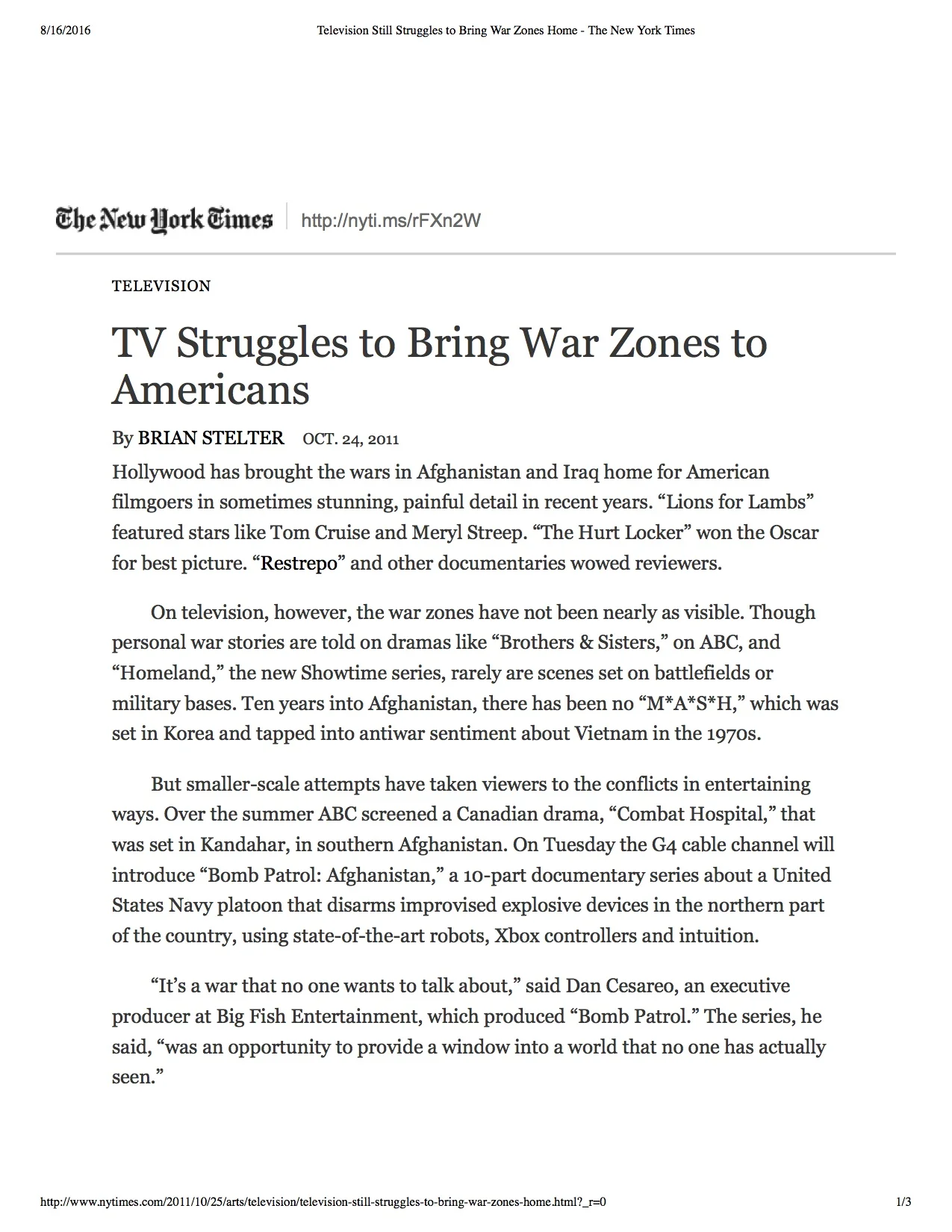 NYTIMES- TV Struggles to Bring War Zones to Americans