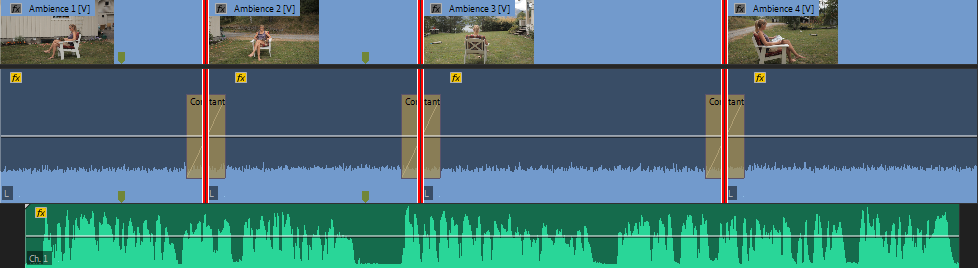 You can now see that the ambience levels (blue audio track) are evenly at the same level.