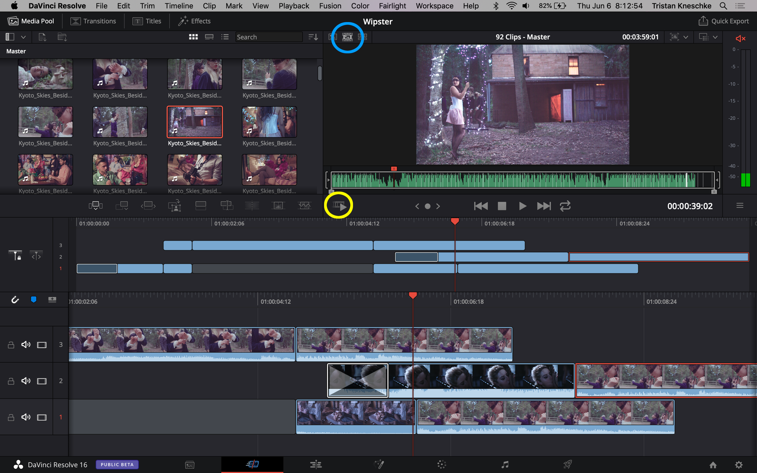 The Source Tape mode (circled in blue) loads all footage into the source monitor as if it were a single clip, allowing for an easy macro assessment of an entire shoot. The Fast Review button (circled in yellow) speeds through the entire program.
