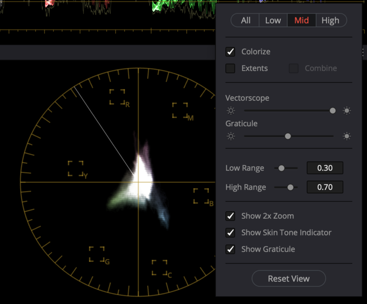 The vectorscope controls allow for selecting the low, mid, or high range of the image, as well as setting the low and high range.
