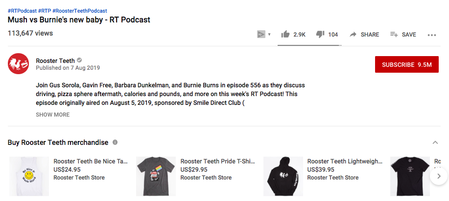 Example of how companies can offer merchandise below each video on YouTube.