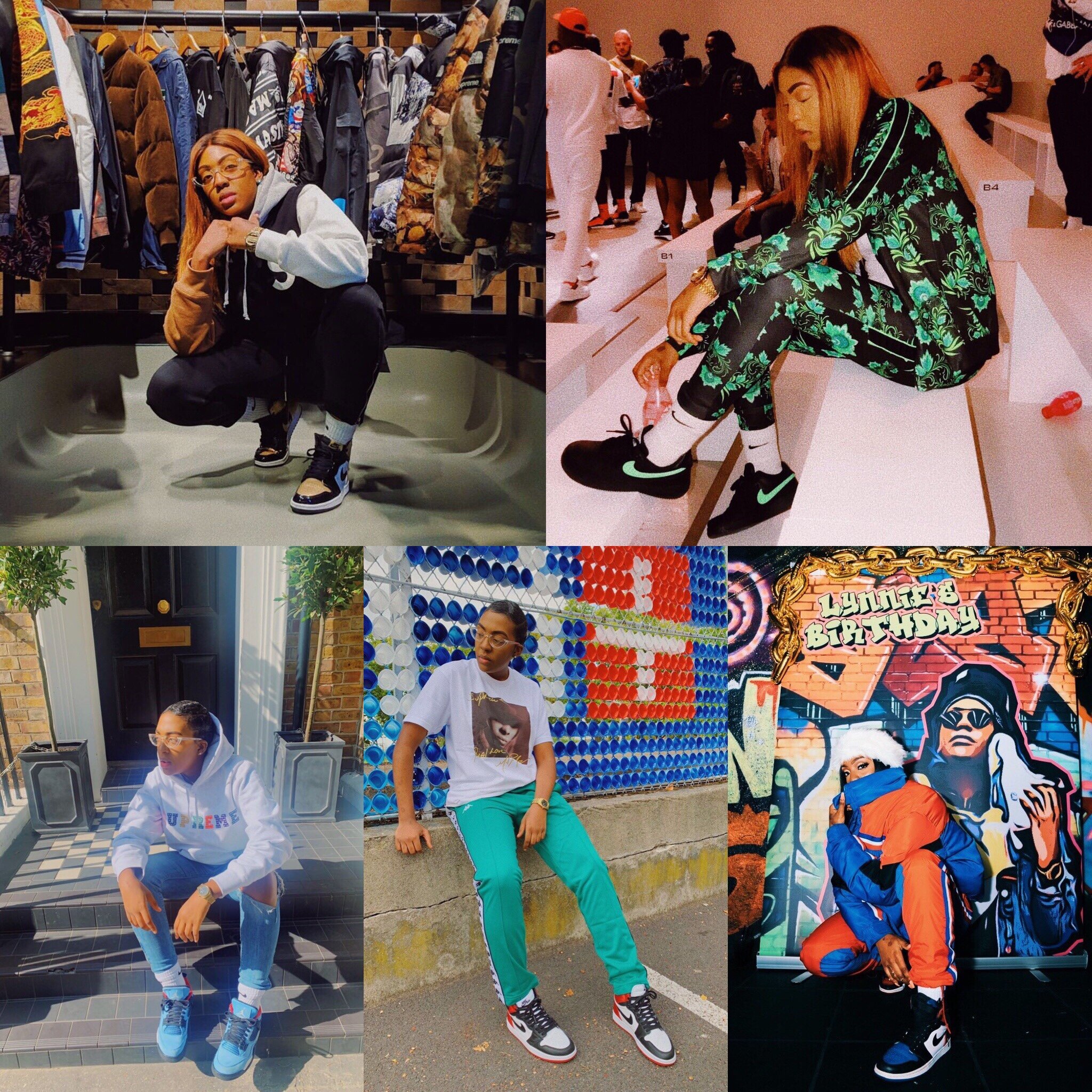 Elle Sneaks reppin’ all the latest heat! Top Left : AJ1 Gold Toe, AF1 low, AJ 4 Cactus, AJ 1 Satin, AJ 1 Top 3 Photo Credit: Elle Sneaks Instagram page
