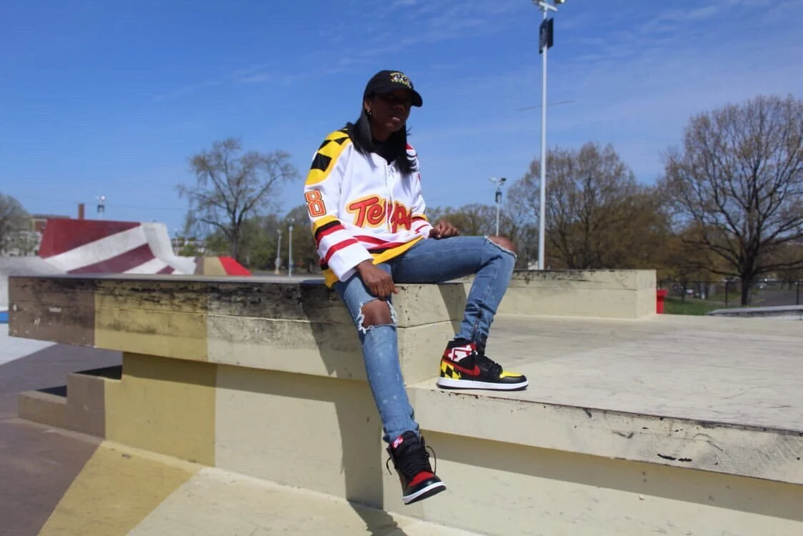 Danielle reppin’ with her custom Maryland 1s. Photo Credit : Sneakerfandan Instagram