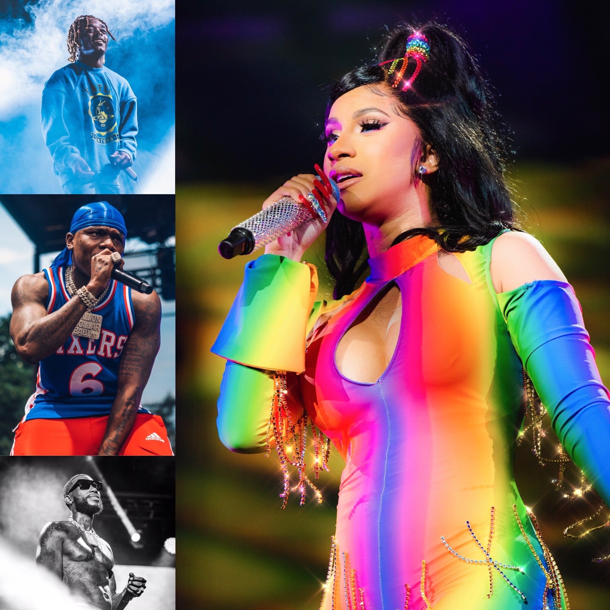 Top left : Lil Uzi Vert 2018 Bristow,VA, Da Baby 2019 Made in America, Gucci Mane Rolling Loud Miami 2019, Cardi B Made in America 2019