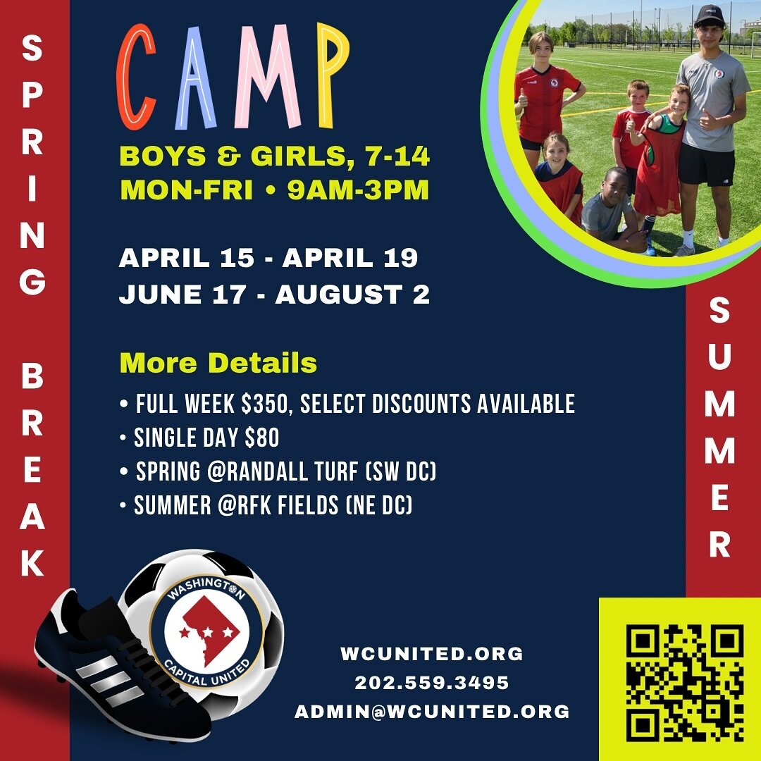 Spring Break &amp; Summer Camp is back! To register, click the link in bio or visit wcunited.org

#WCUfam#WCUfans#soccer4life##DCcamp#DCSoccerMom#DCSoccerDad#DCSoccer#washingtoncapitalunited#springbreakcamp#DCcamp#soccercamp