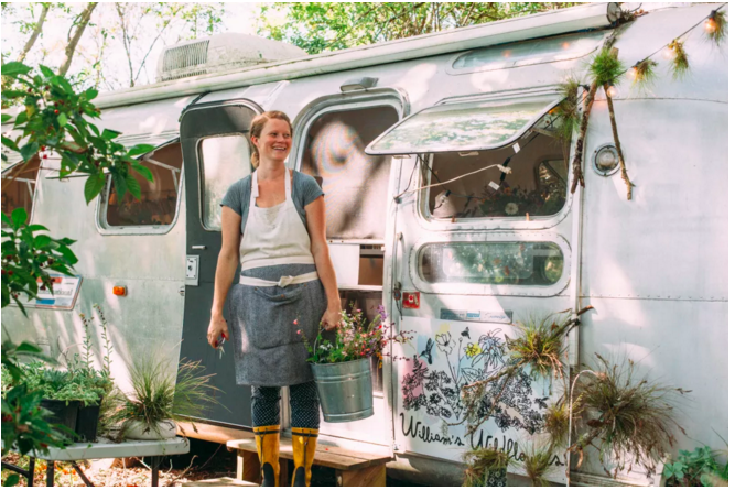Annie Schiller and her Airstream office. Image Credit: Sarasota Magazine by Thristan Wheelock