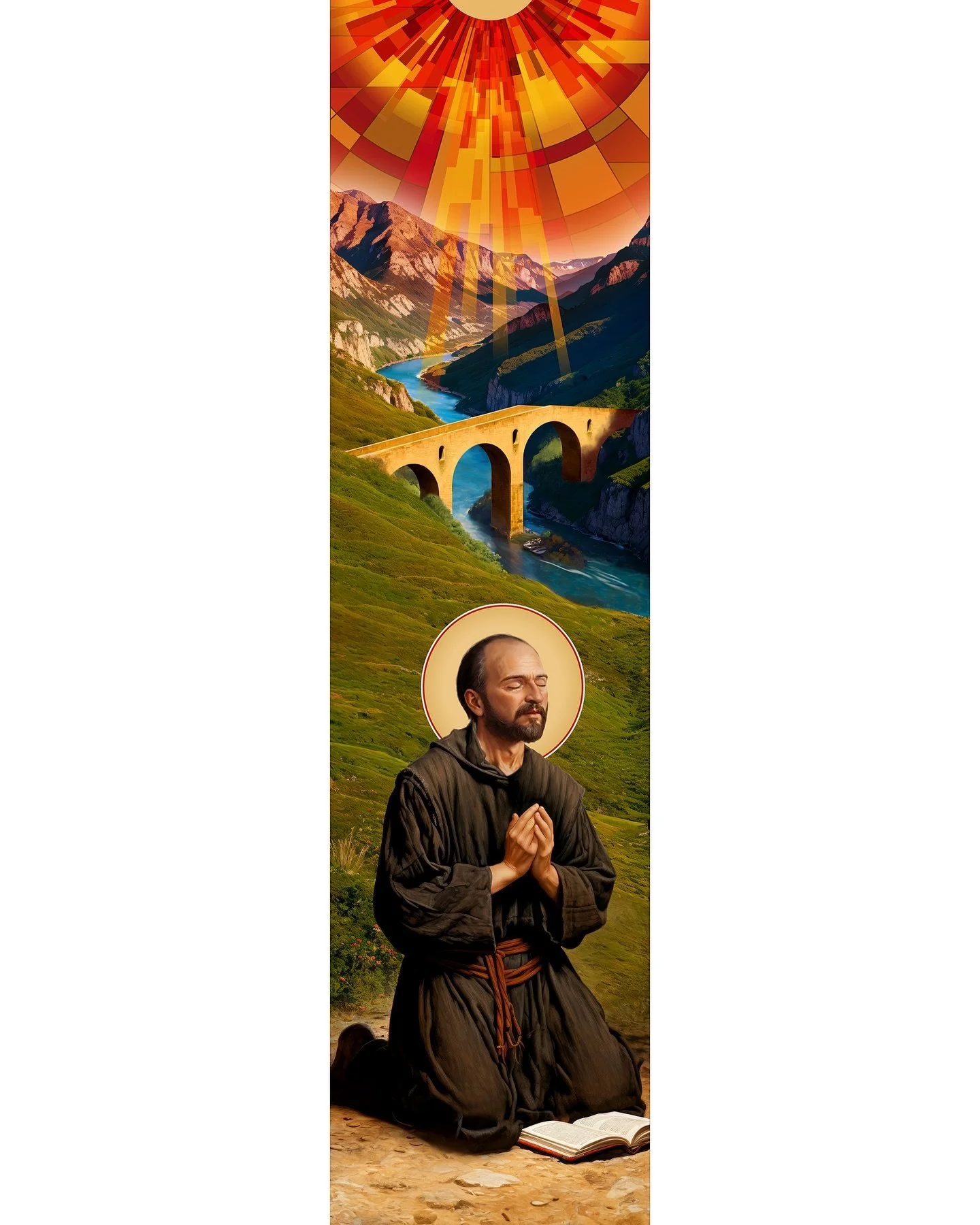 The final window for the St Ignatius of Loyola College Chapel. Depicted is St Ignatius praying at the opening of a cave near the bridge over the Cardener River at Manresa, the Catalonia region of Spain. Inspiration drawn from another historical stain
