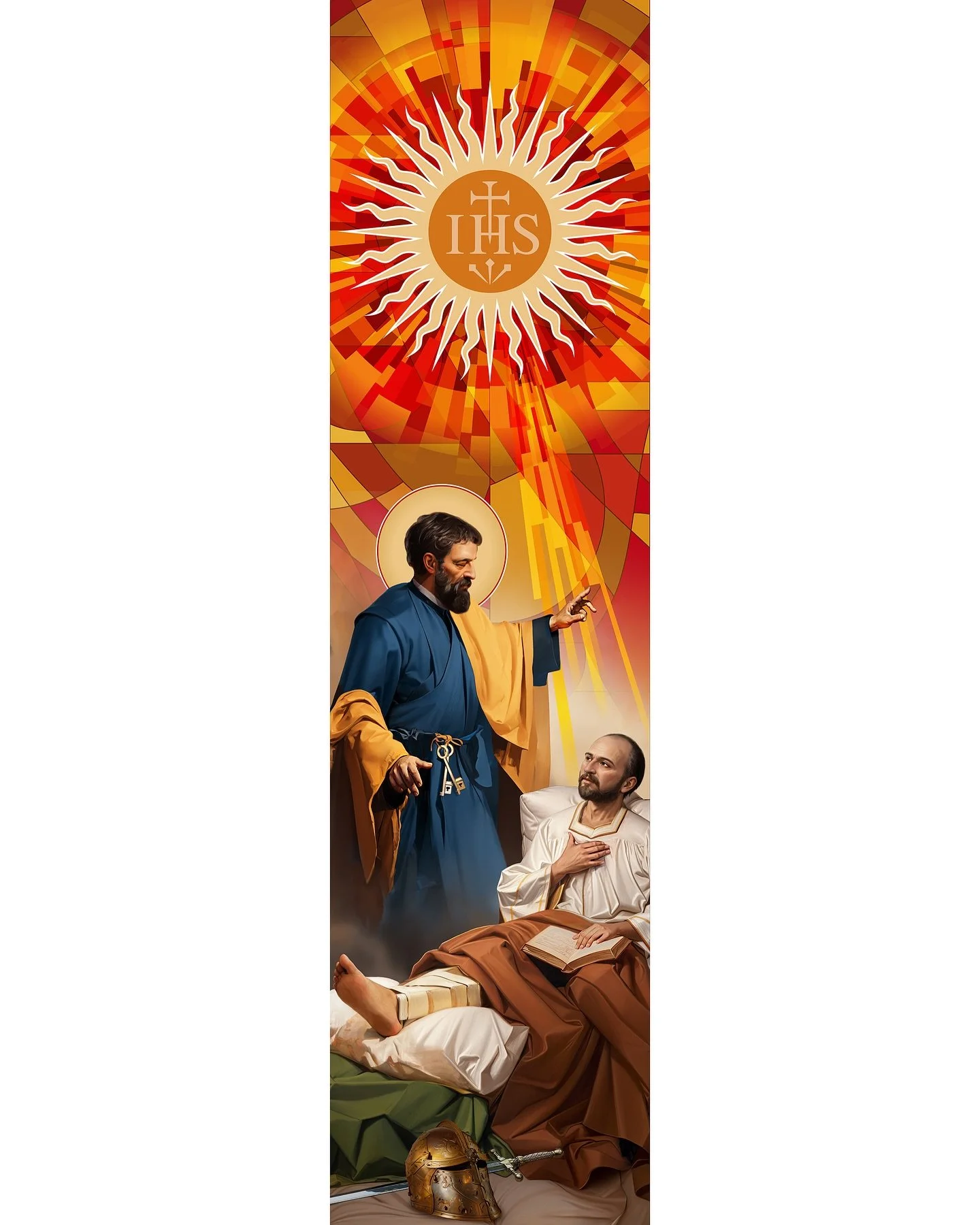 Another digitally printed stained glass window for the St Ignatius of Loyola College Chapel. This image records St Ignatius&rsquo; conversion while convalescing and is based on a much loved painting of the saint. Depicted in a naturalistic style, a s