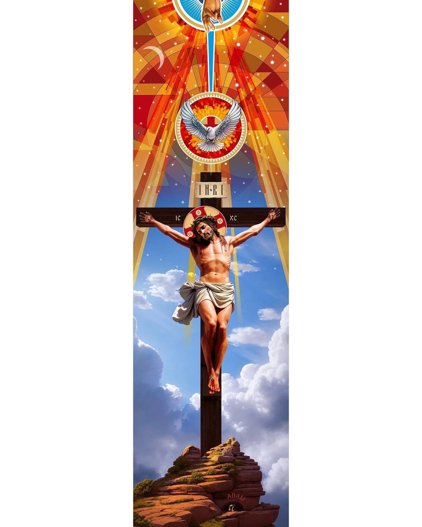 Latest digitally printed stained glass window for St Ignatius of Loyola College Chapel located in Drury, Auckland, New Zealand.Some image elements generated with CGI and AI, trained on our past work at the Studio of John the Baptist.
 #icon #iconogra