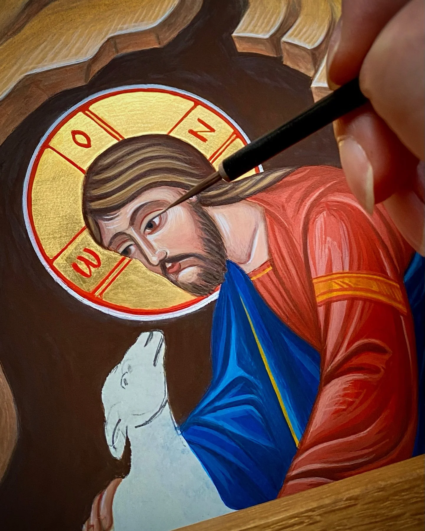 On the feast of the Good Shepherd, work in progress on an icon of the Good Shepherd. More layers of paint to go on yet.

#catholicart #sacredart #icon #goodshepherd #vocationssunday2019