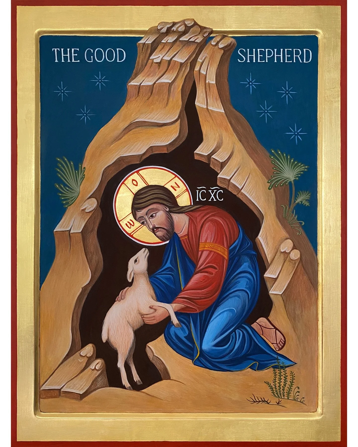 Completed icon of the Good Shepherd and the parable of the Lost Sheep. &ldquo;If a shepherd has a hundred sheep and one of them has gone astray, does he not leave the ninety-nine on the mountains and go in search of the one that went astray?&rdquo;

