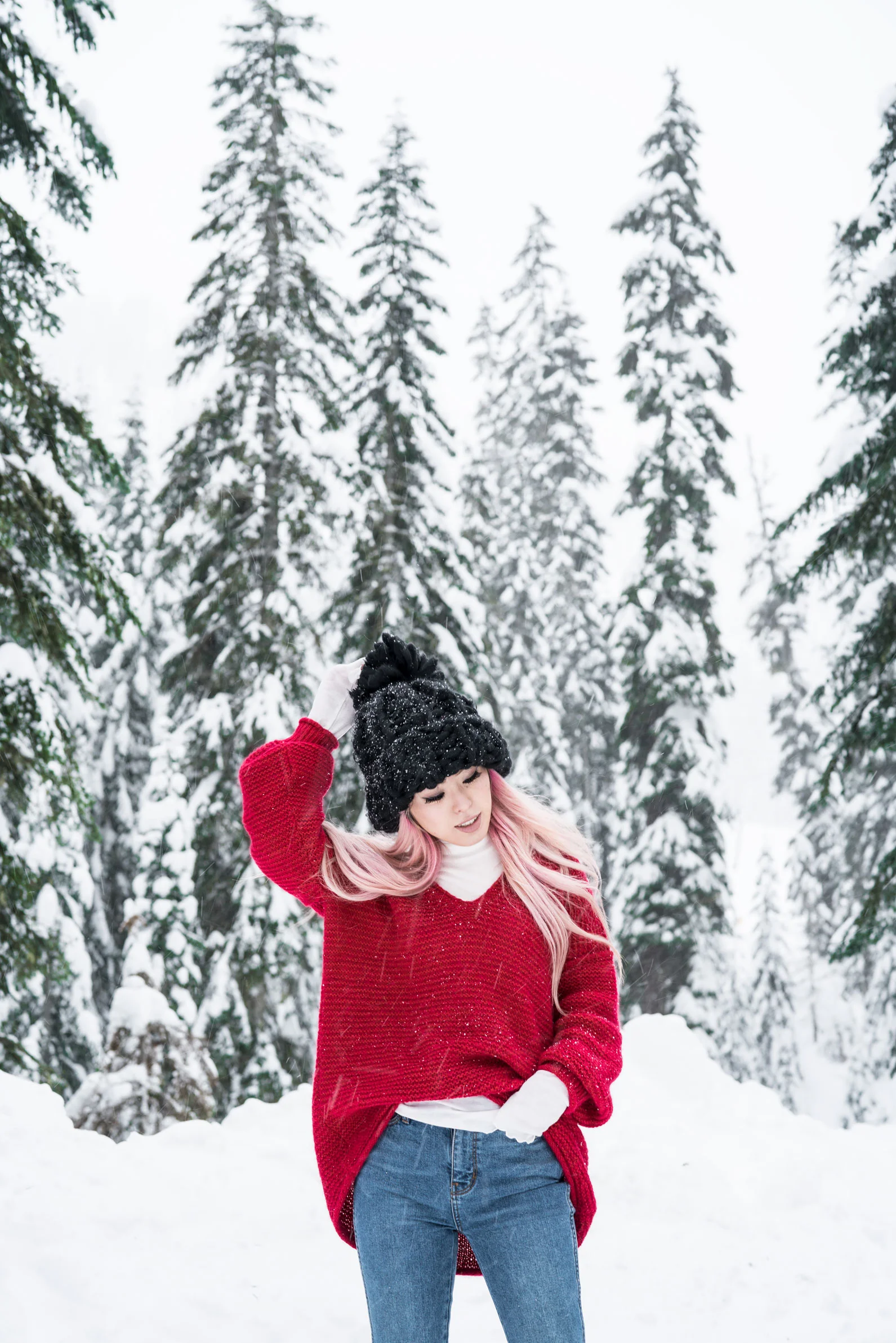 Free people All Mine Sweater, Free People Modern Cuff Layering Top, Free People Ace High Rise Jeans, Free People Bobbi Chunky Pom Beanie, EGO Ankle Boots, Aika's Love Closet, Seattle Fashion Blogger from Japan, Pink Hair,