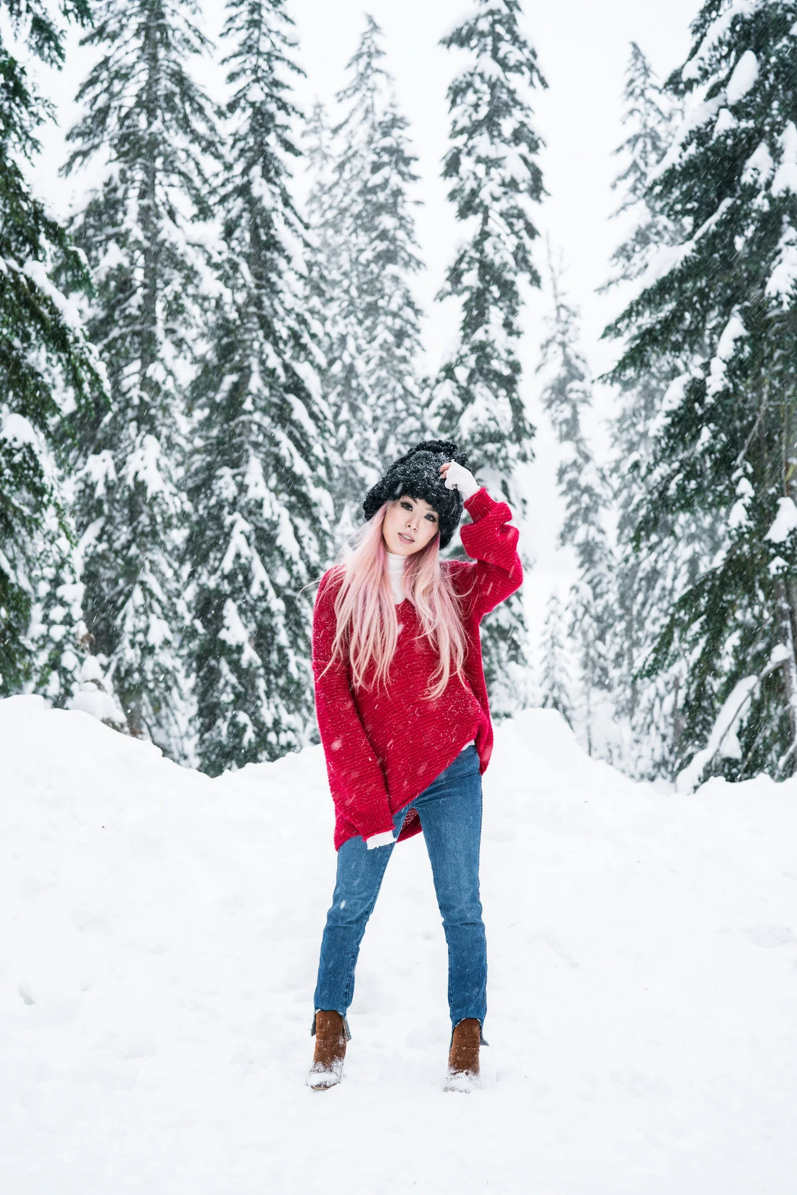 Free people All Mine Sweater, Free People Modern Cuff Layering Top, Free People Ace High Rise Jeans, Free People Bobbi Chunky Pom Beanie, EGO Ankle Boots, Aika's Love Closet, Seattle Fashion Blogger from Japan, Pink Hair 4