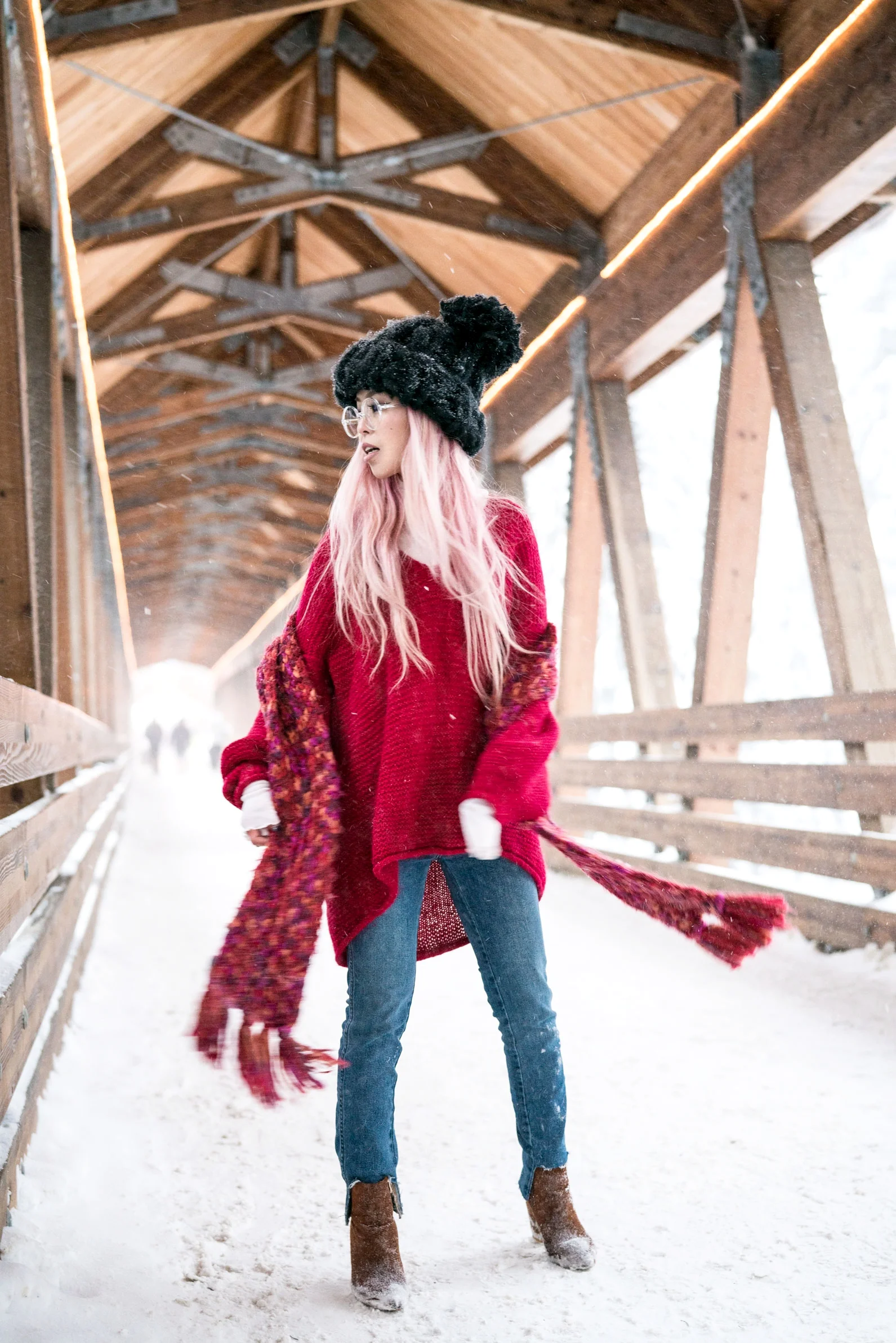 H&M Multi Colored Scarf, Transparent Clear Lens Glasses, Free people All Mine Sweater, Free People Modern Cuff Layering Top, Free People Ace High Rise Jeans, Free People Bobbi Chunky Pom Beanie, EGO Ankle Boots, Aika's Love Closet, Seattle Fashion B…