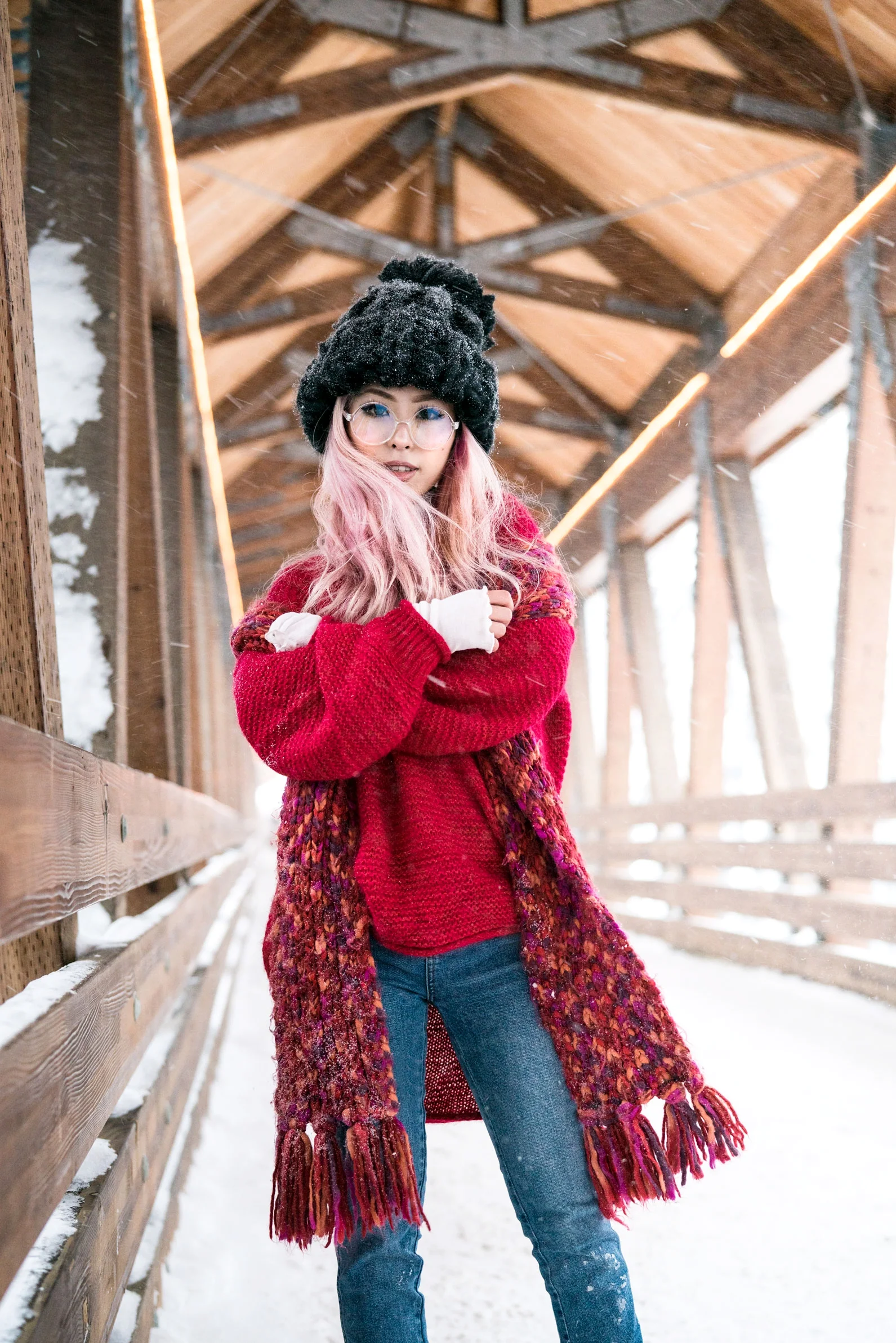 H&M Multi Colored Scarf, Transparent Clear Lens Glasses, Free people All Mine Sweater, Free People Modern Cuff Layering Top, Free People Ace High Rise Jeans, Free People Bobbi Chunky Pom Beanie, EGO Ankle Boots, Aika's Love Closet, Seattle Fashion B…