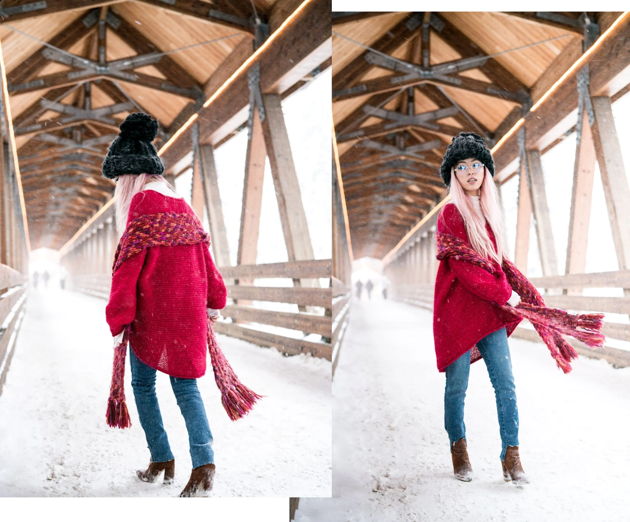 H&M Multi Colored Scarf, Transparent Clear Lens Glasses, Free people All Mine Sweater, Free People Modern Cuff Layering Top, Free People Ace High Rise Jeans, Free People Bobbi Chunky Pom Beanie, EGO Ankle Boots, Aika's Love Closet, Seattle Fashion B…