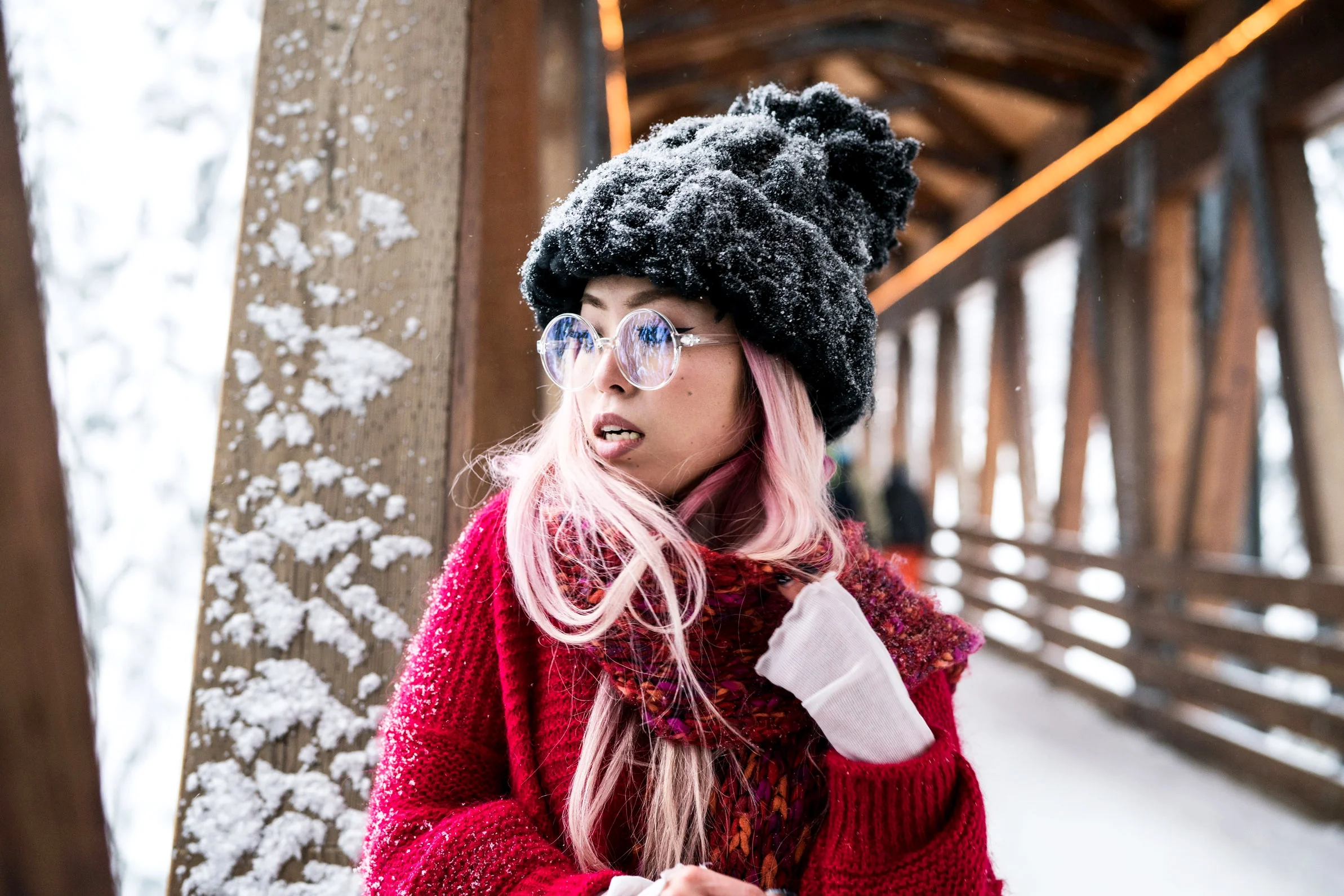 H&M Multi Colored Scarf, Transparent Clear Lens Glasses, Free people All Mine Sweater, Free People Modern Cuff Layering Top, Free People Ace High Rise Jeans, Free People Bobbi Chunky Pom Beanie, EGO Ankle Boots, Aika's Love Closet, Seattle Fashion B…