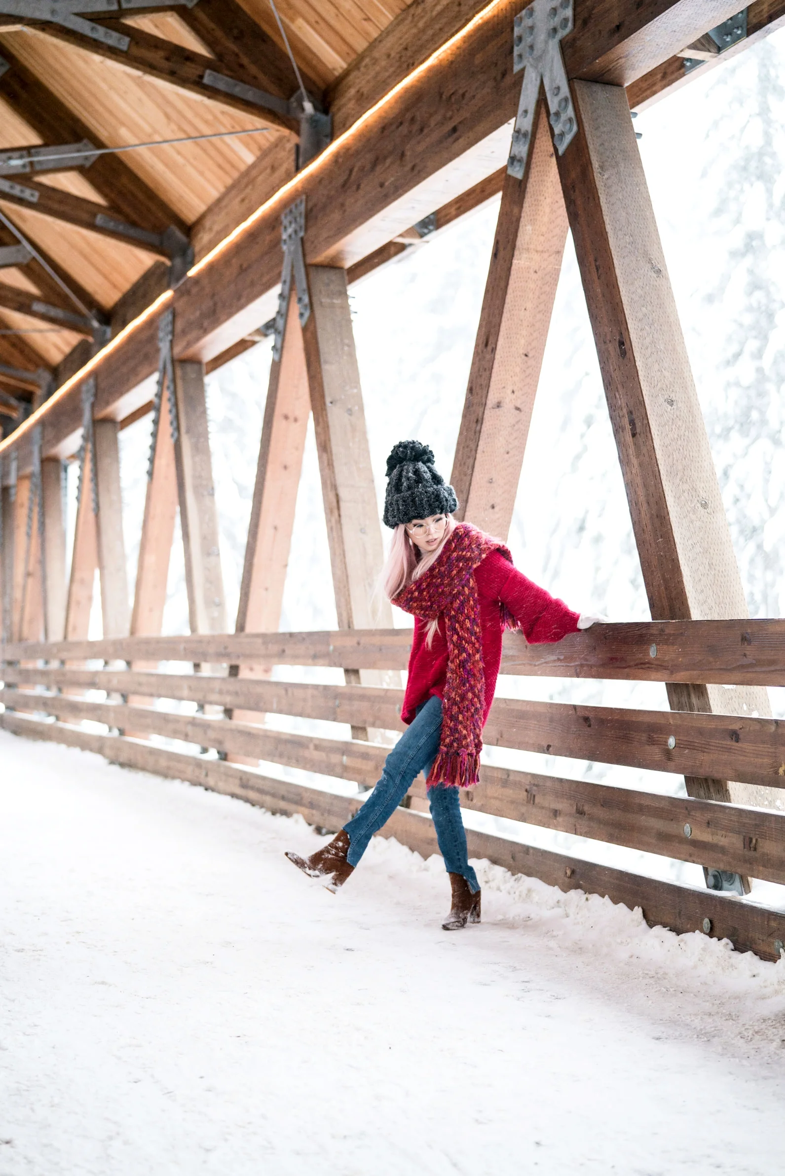 H&M Multi Colored Scarf, Transparent Clear Lens Glasses, Free people All Mine Sweater, Free People Modern Cuff Layering Top, Free People Ace High Rise Jeans, Free People Bobbi Chunky Pom Beanie, EGO Ankle Boots, Aika's Love Closet, Seattle Fashion B…