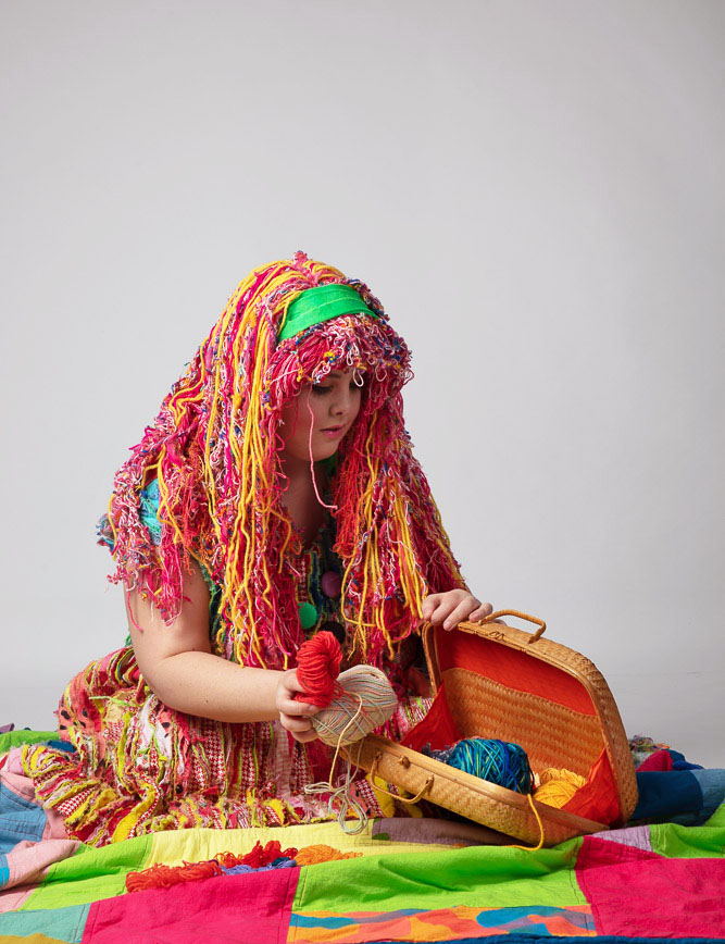  Hand quilted dress. Hand spun scrap yarn and acrylic roving wig. 