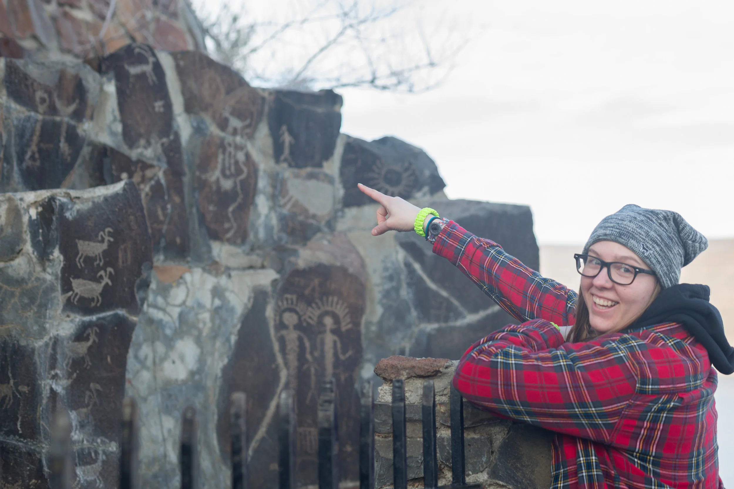  Natalie getting enthusiastic about these ancient paintings at the Ginko Petrified Forest near Ellensburg. 