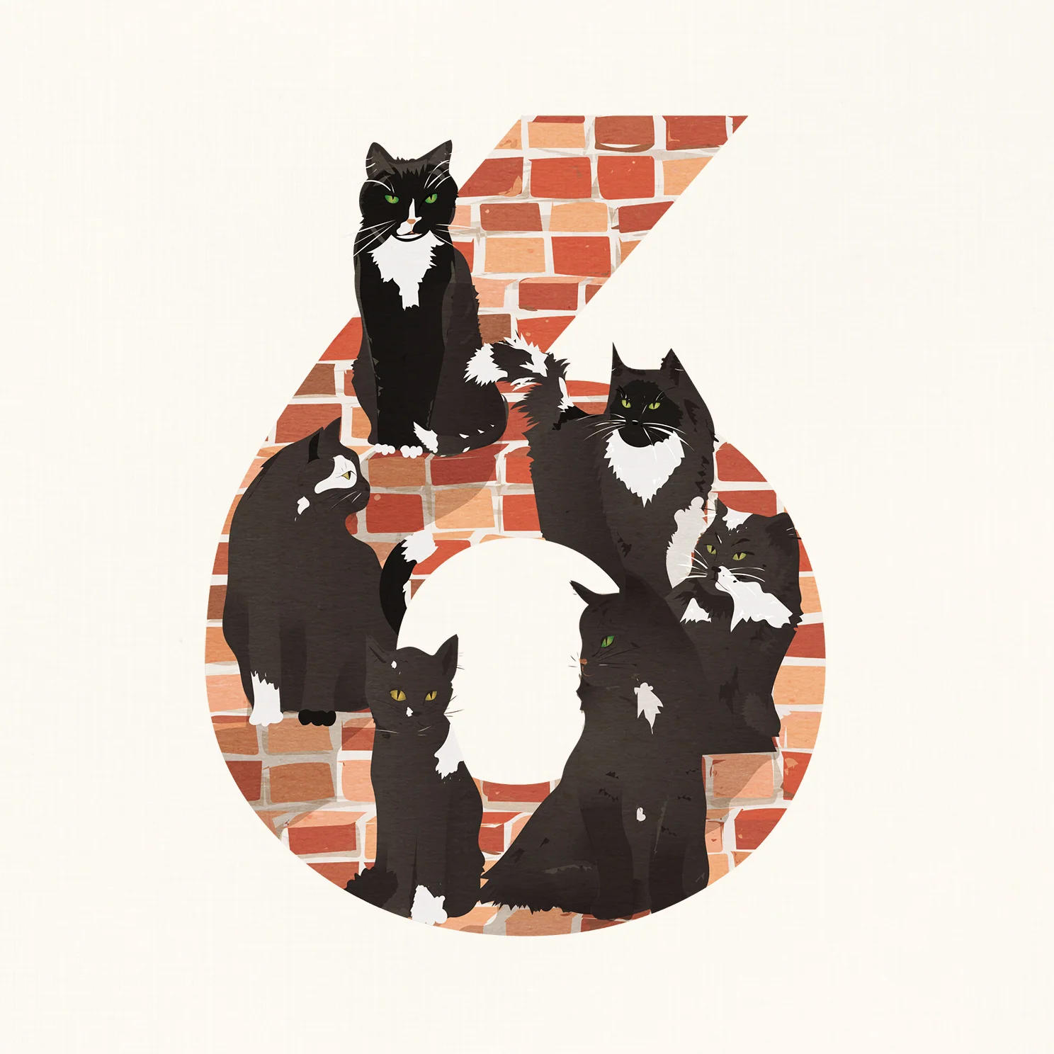 Six Cats. Vector Digital Illustration.