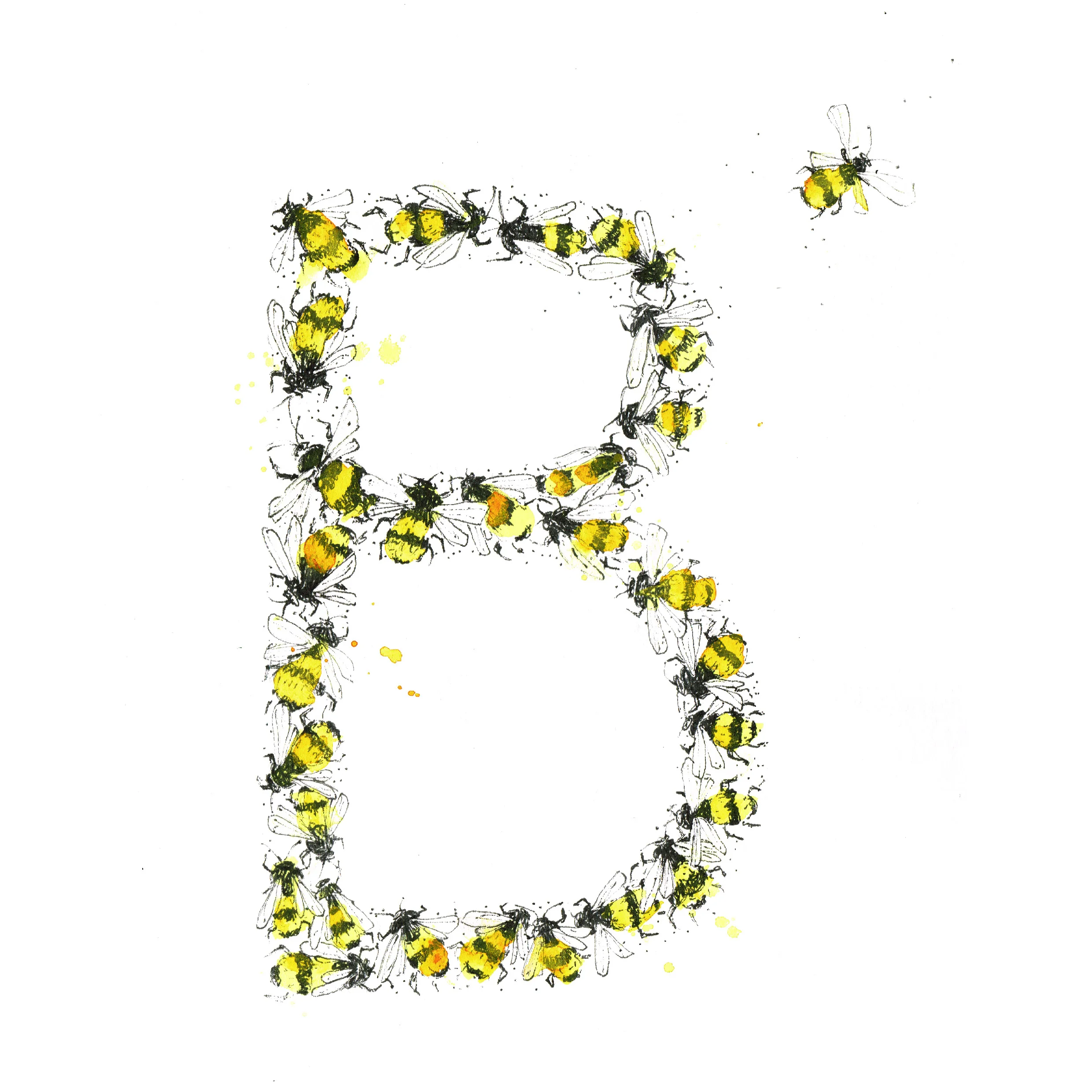 B for Bees. Hand Illustration, Gouache and Ink.