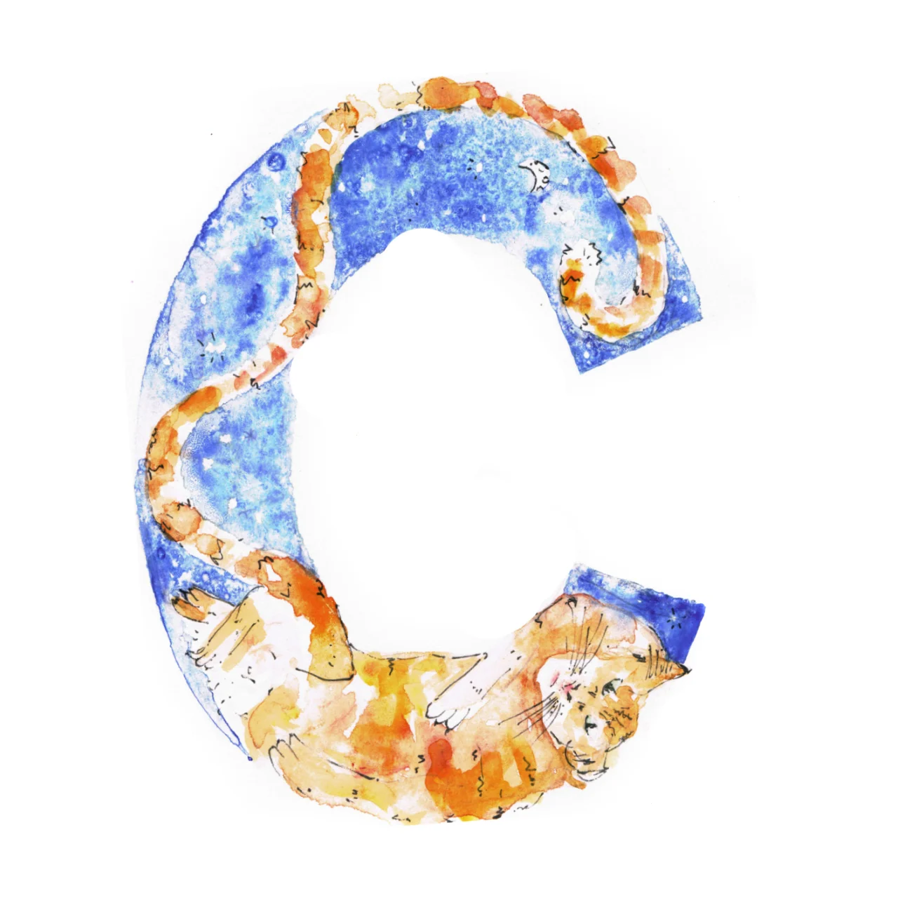 C for Crazy C–Space Cat. Hand Illustration, Gouache and Ink.