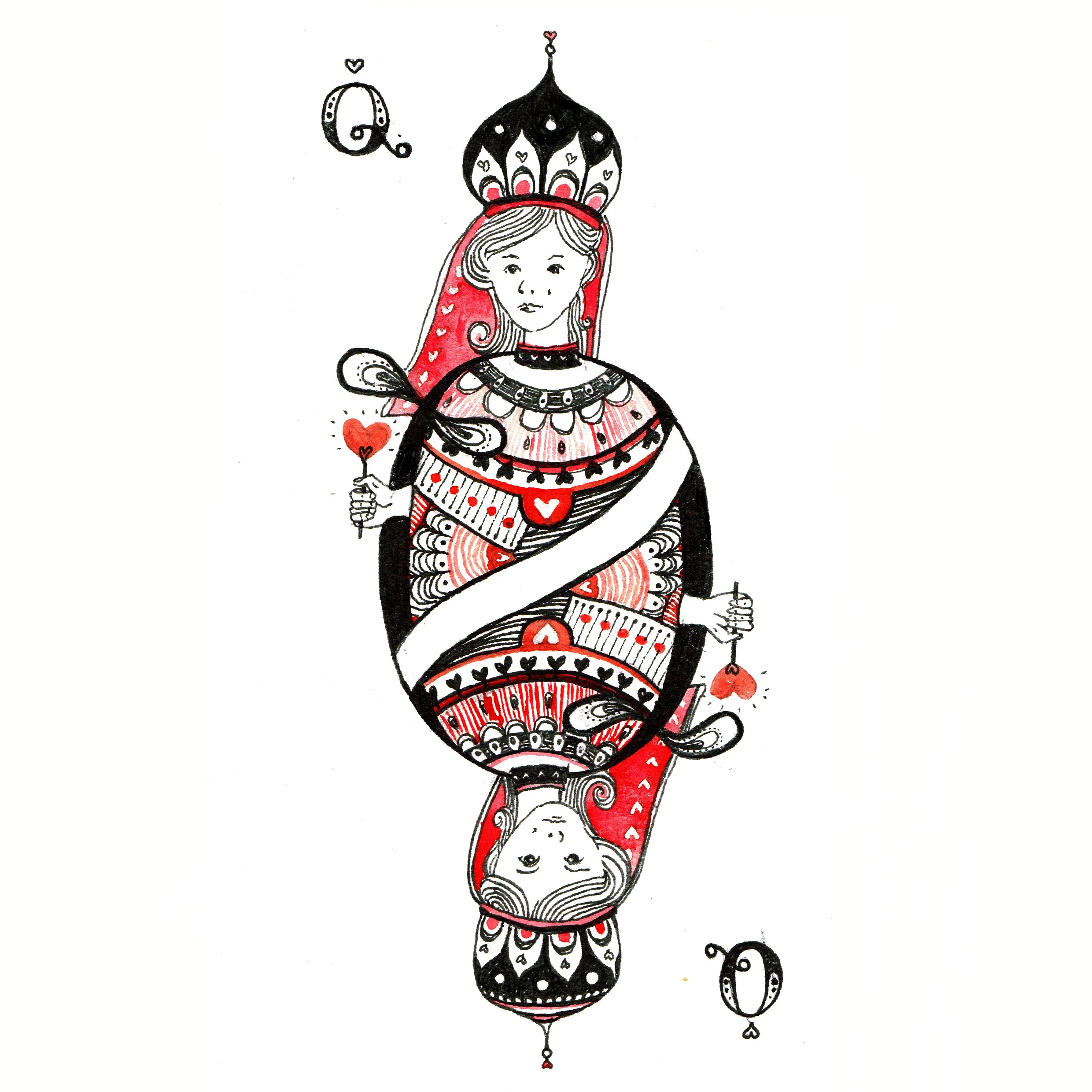 Q for Queen. Hand Illustration, Gouache and Pen.