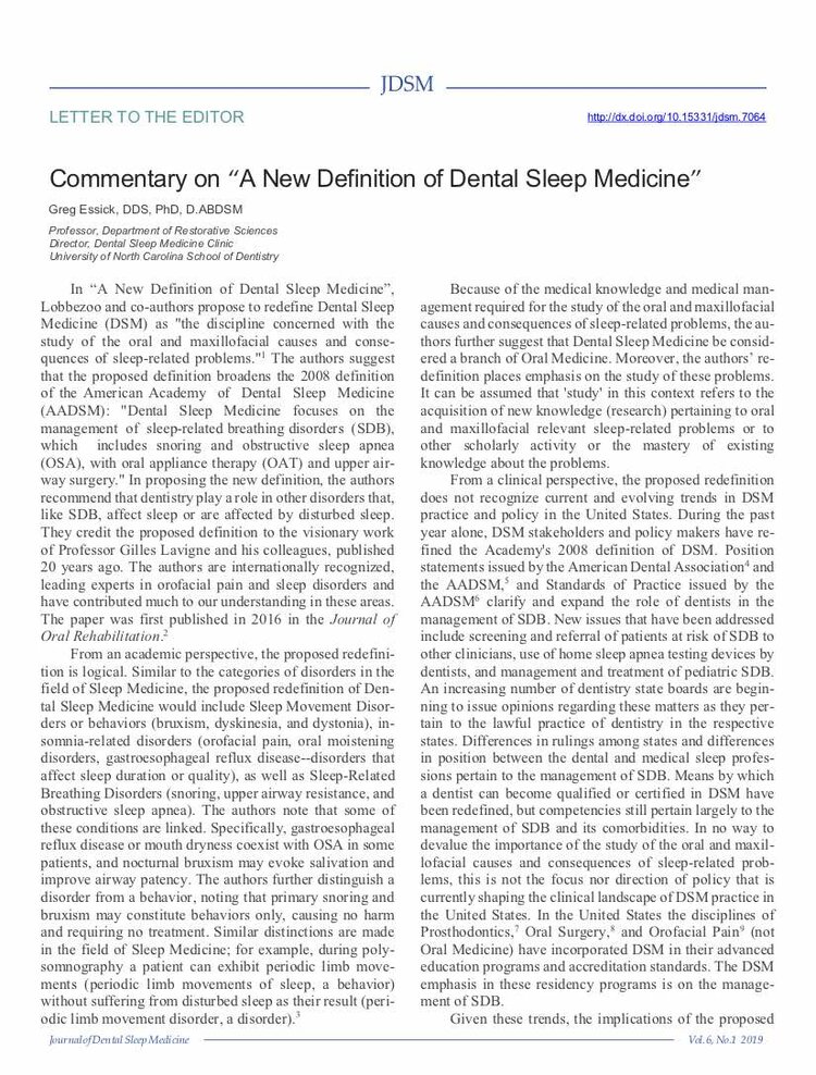 Commentary on "A NEW DEFINITION OF DENTAL SLEEP MEDICINE"