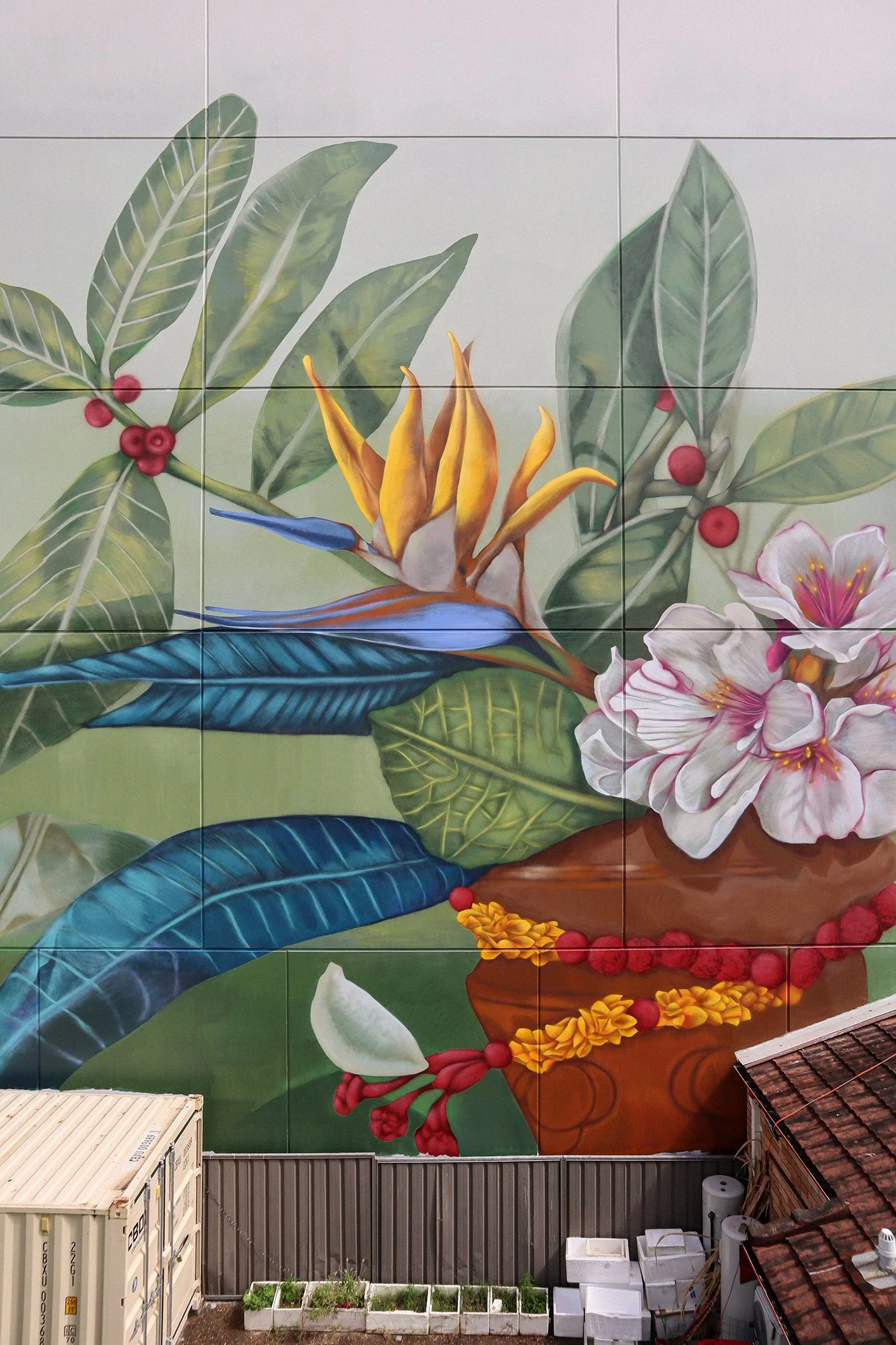 Painted mural of Birds of Paradise and Indian Hawthorn flower in ceramic pot with garlands of marigolds, by Christina Huynh STYNA for ARTSCAPE and Oscar George Projects