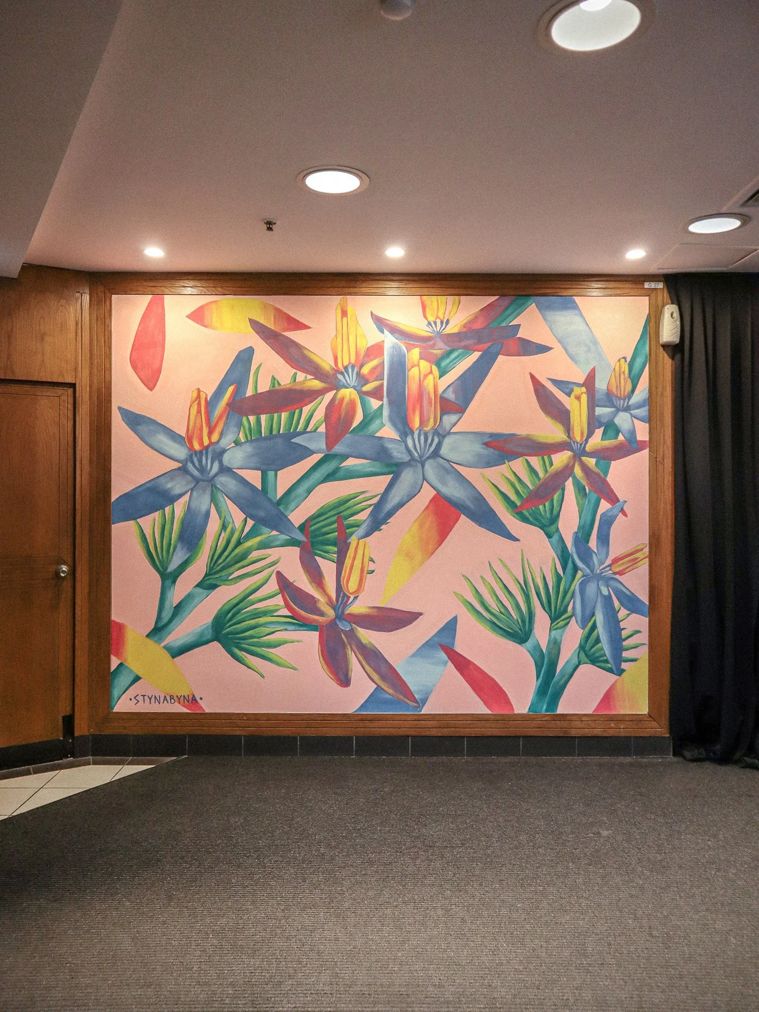 Interior mural painting of blue lilies