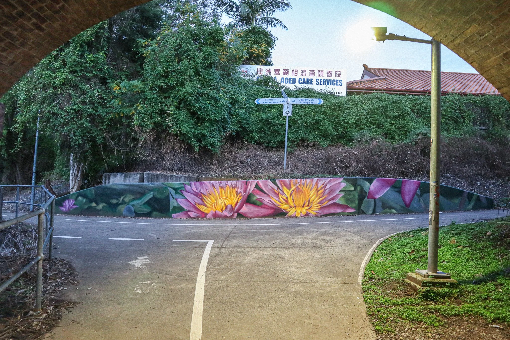 Water lily paintings underneath a bridge